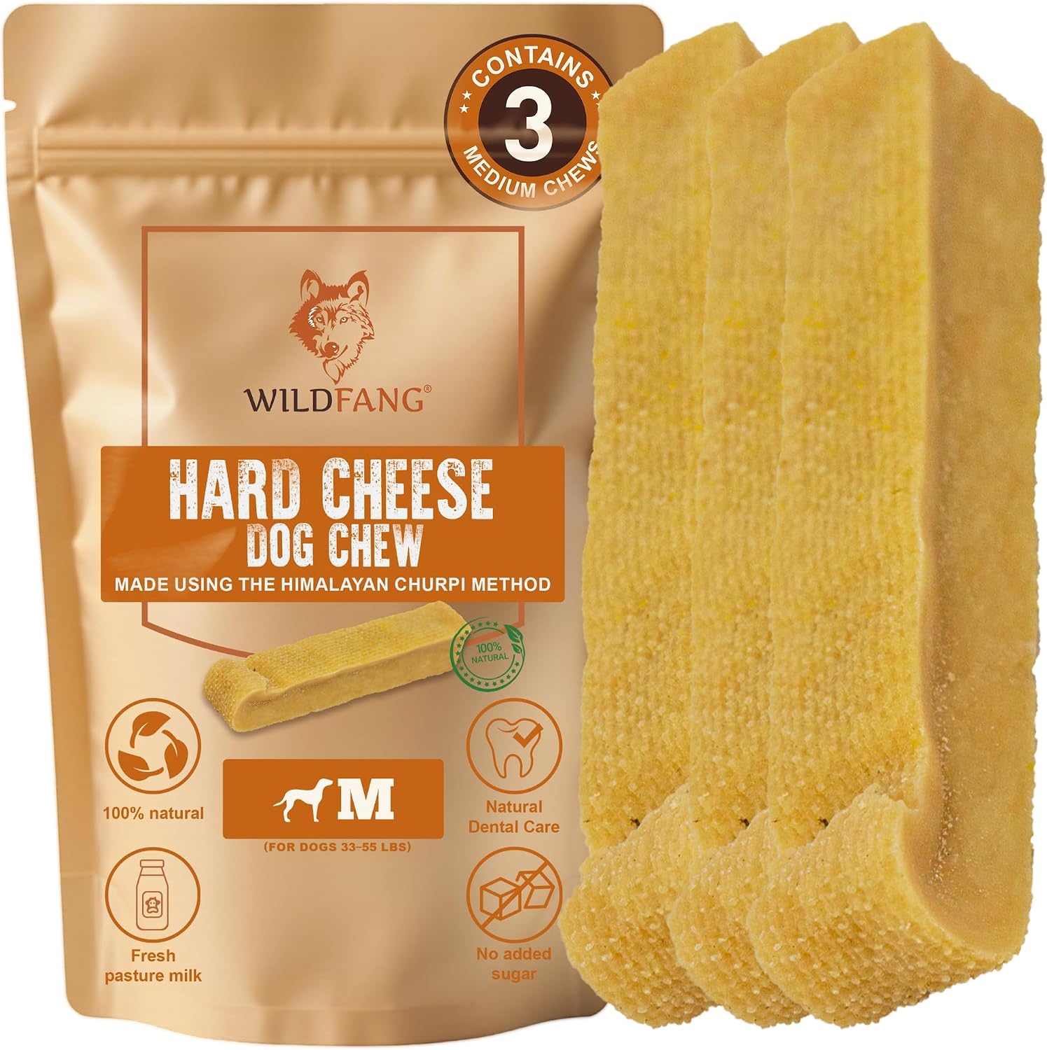 Wildfang® Yak Chews, Medium (Approx 3 oz) for Dogs 33-55 lbs – Dog Dental Chew Stick, Hardness Like Himalayan Yak Cheese, Churpi-Style Cheese Sticks, Dog Treats & Puppy Training Treats, Pack of 3