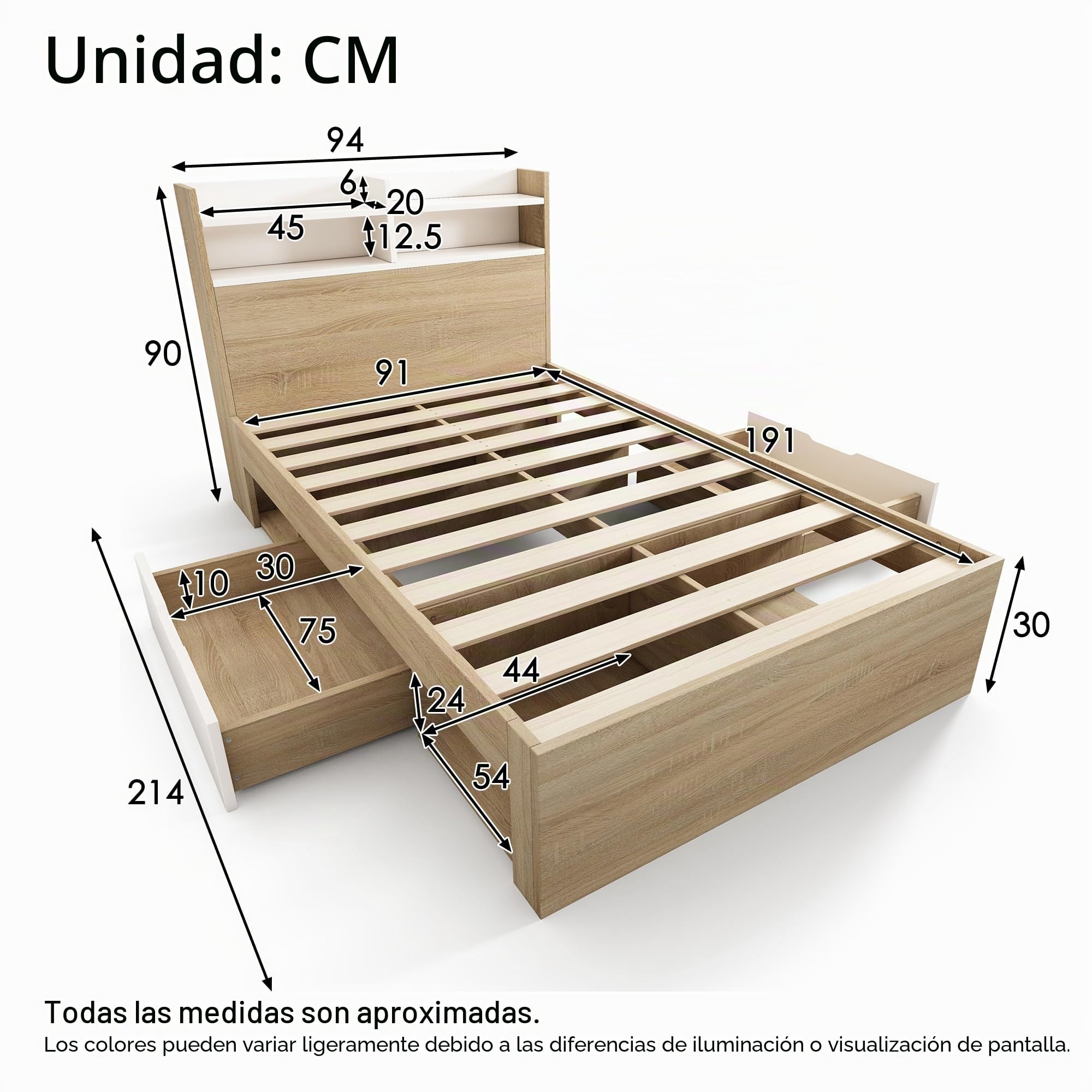 Cama individual 90 x 190 cm, cabecero con estante de almacenamiento, 2 cajones, cama de madera maciza, ideal para habitaciones compactas, sin colchón, natural