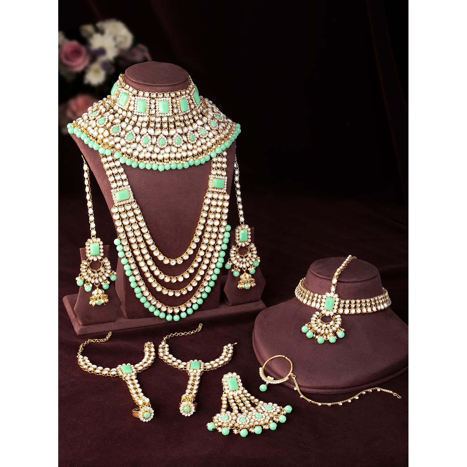 Peora Ethnic Indian Traditional Gold Plated Kundan Dulhan Bridal Jewellery Set with Choker Earrings Maang Tikka Hathphool for Women (Mint) 2