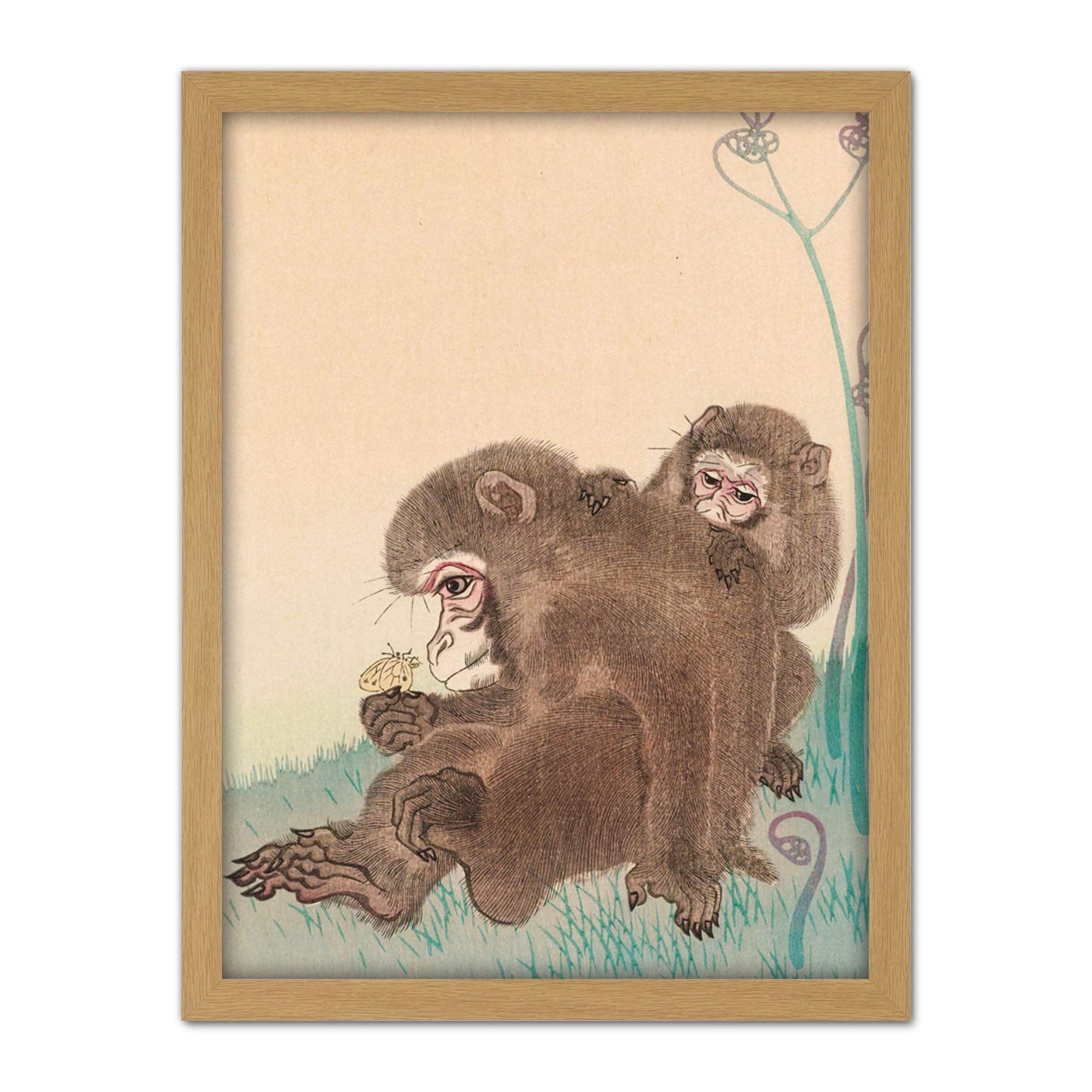 Artery8 Ohara Koson Two Monkeys With Butterfly Painting Artwork Framed Wall Art Print 18X24 Inch