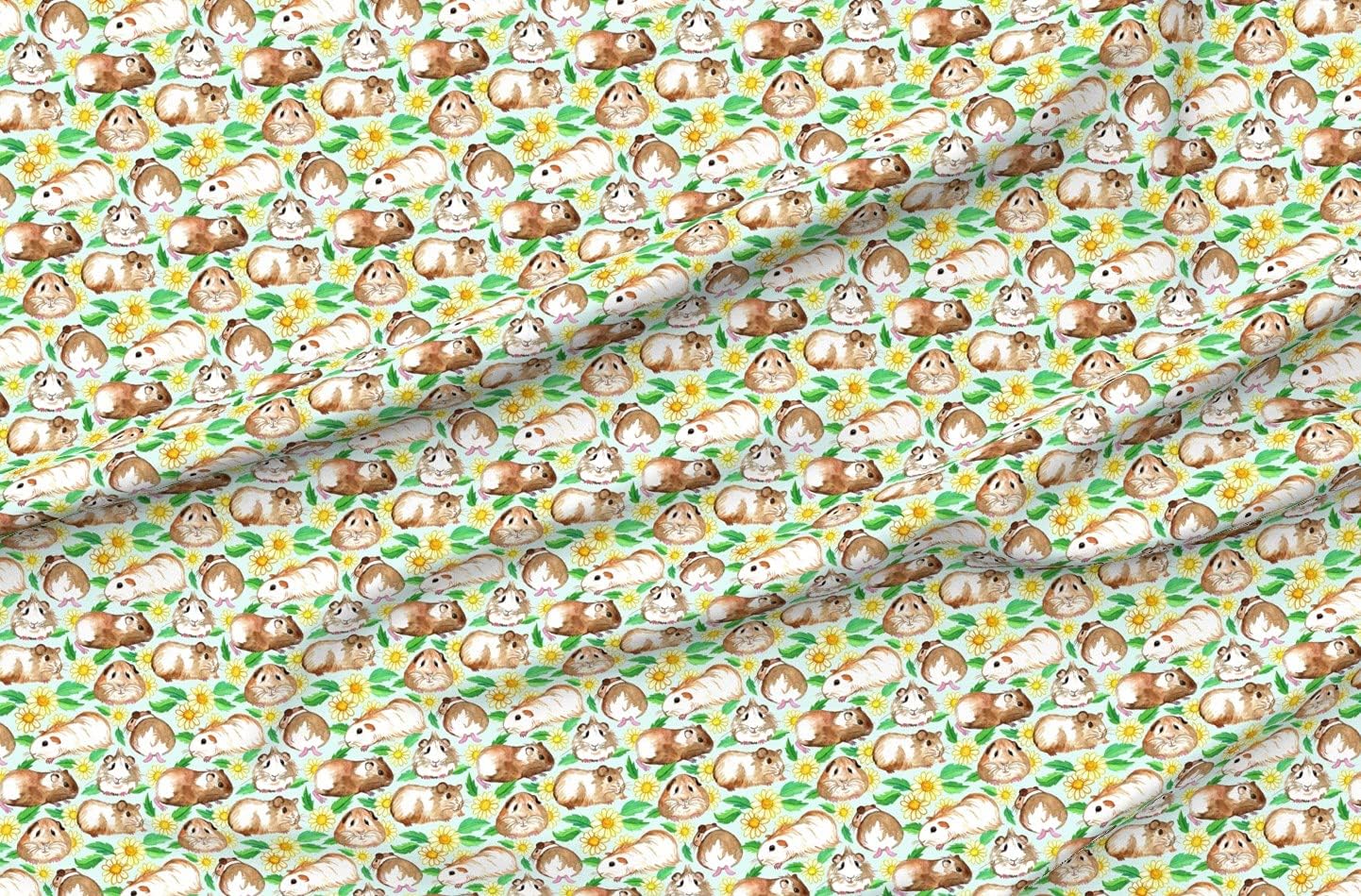 Spoonflower Fabric - Guinea Pigs Daisies Watercolor Pale Mint Pig Illustration Daisy Floral Printed on Organic Cotton Sateen Fabric by The Yard - Sewing Quilting Apparel Home Decor