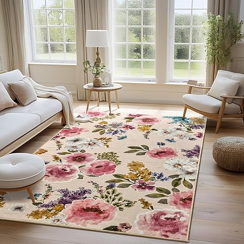 Comeet Floral Washable 4x6 Low Pile Rug Bedroom Area Rug, Boho Medium Non Slip Soft Rug for Living Room, Indoor Carpet Stain Resistan Throw Rugs for Kids Girls Dorm Dining Room Beige