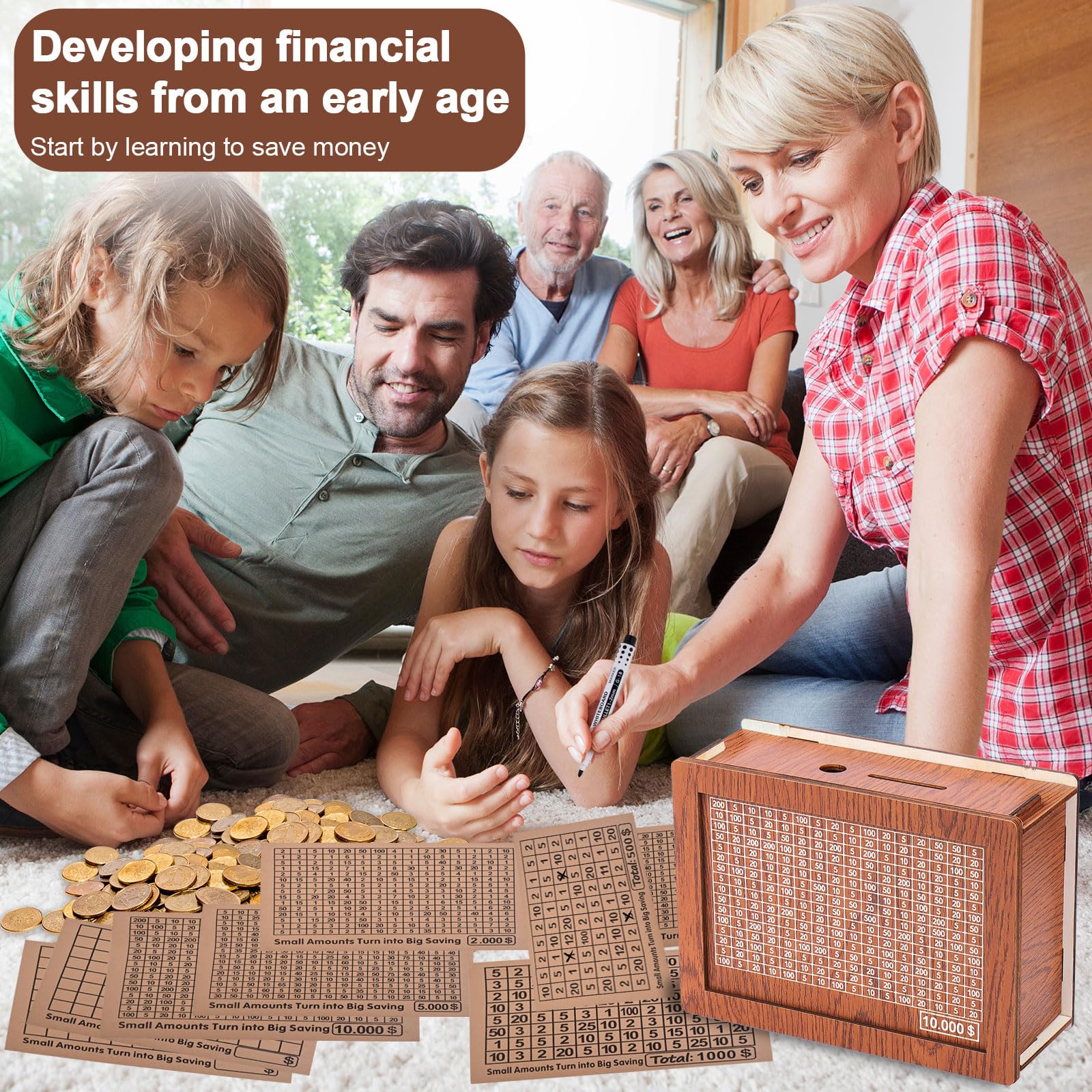 Palksky Money Saving Box, Wooden Cash Vault for Kids and Adults, Reusable Money Box with Countdown and Money Target, Challenges Cash Saving Box Storage Money with Counter, Best Gift for Boys, Girls