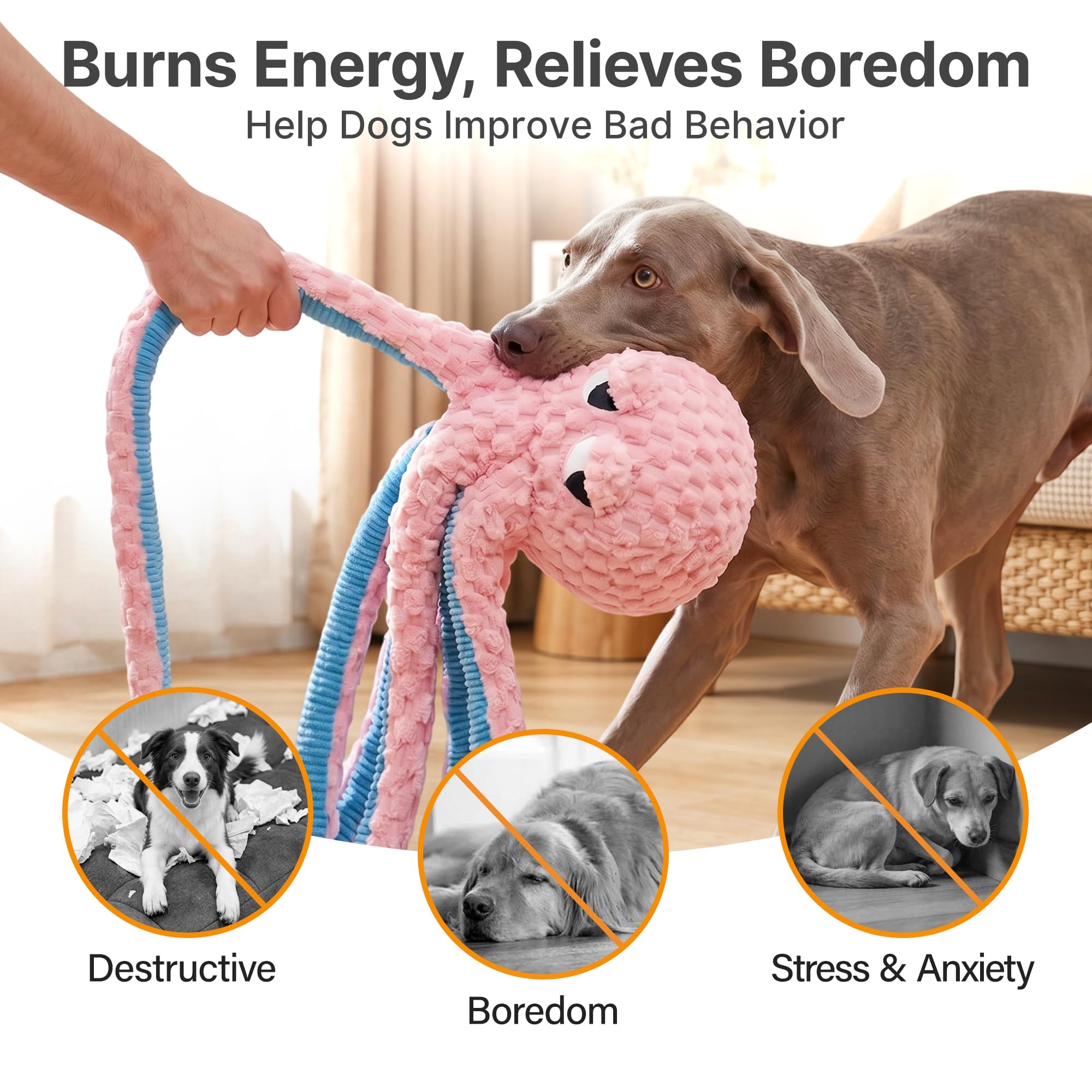 Potaroma Juguete de pulpo largo para perro, juguete de peluche chirriante extra largo de 3.2 pies, juguete interactivo duradero para masticar para el aburrimiento (rosa)