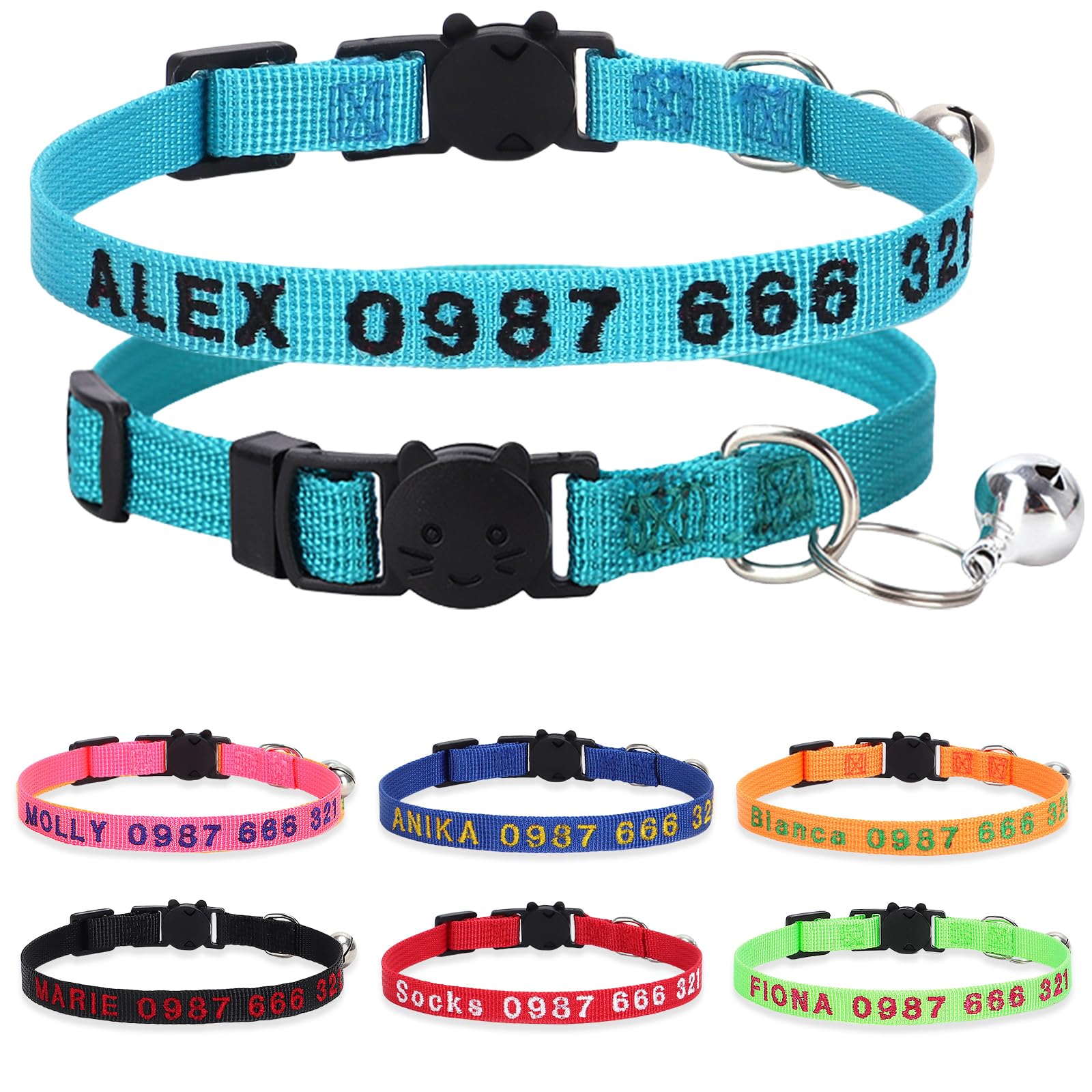 Personalized Cat Collars, Embroidered with Pet Name and Phone Number, Adjustable Nylon Breakaway Safety Release Buckle ID Collar,Custom Text with Bell for Cat or Kitten,Teal