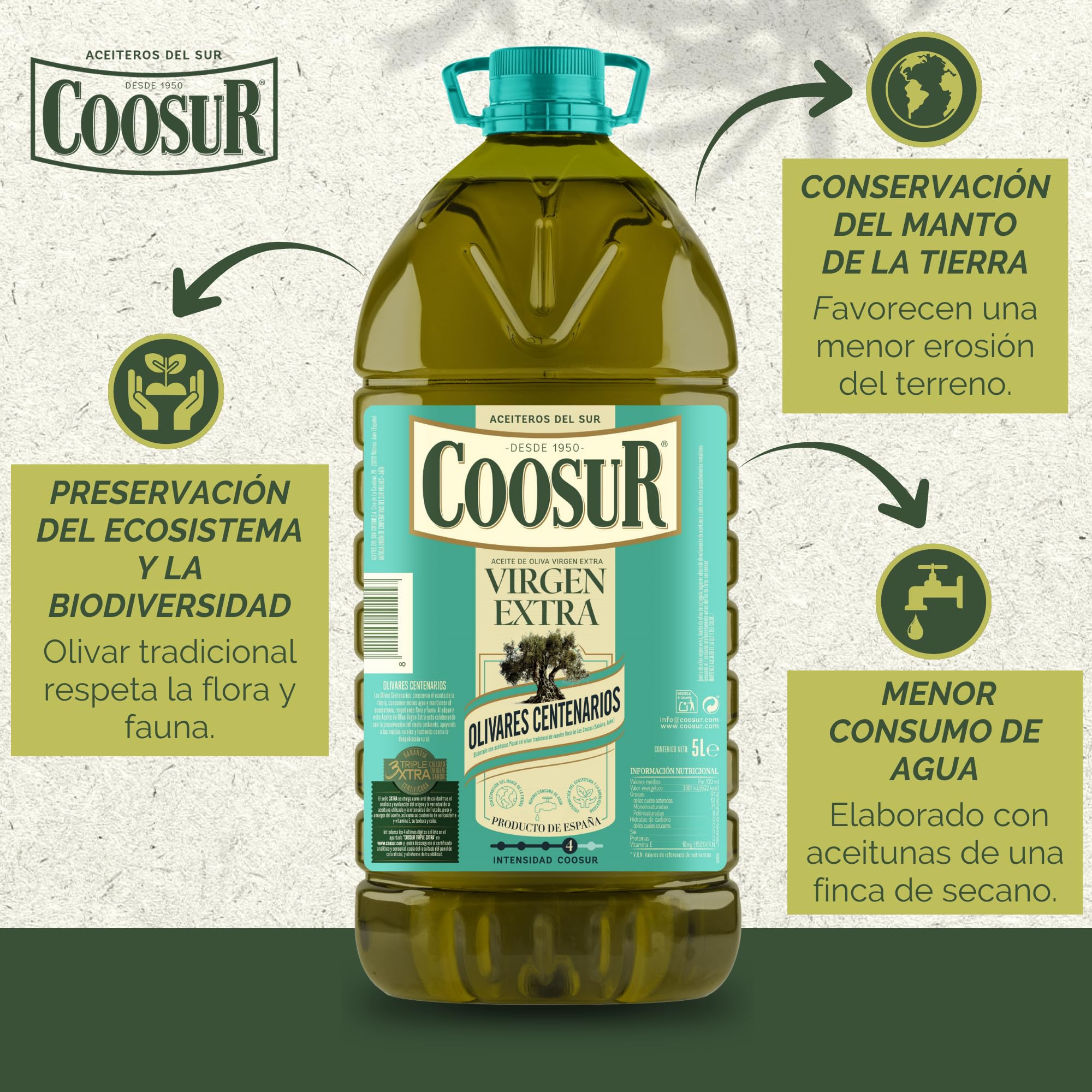 COOSUR Aceite De Oliva Virgen Extra Olivares Centenarios Garrafa 5L. 100% AOVE de aceitunas Variedad picual de Olivos Centenarios de Nuestra Finca Las Chozas en Sabiote, Jaén. Aromático e intenso.