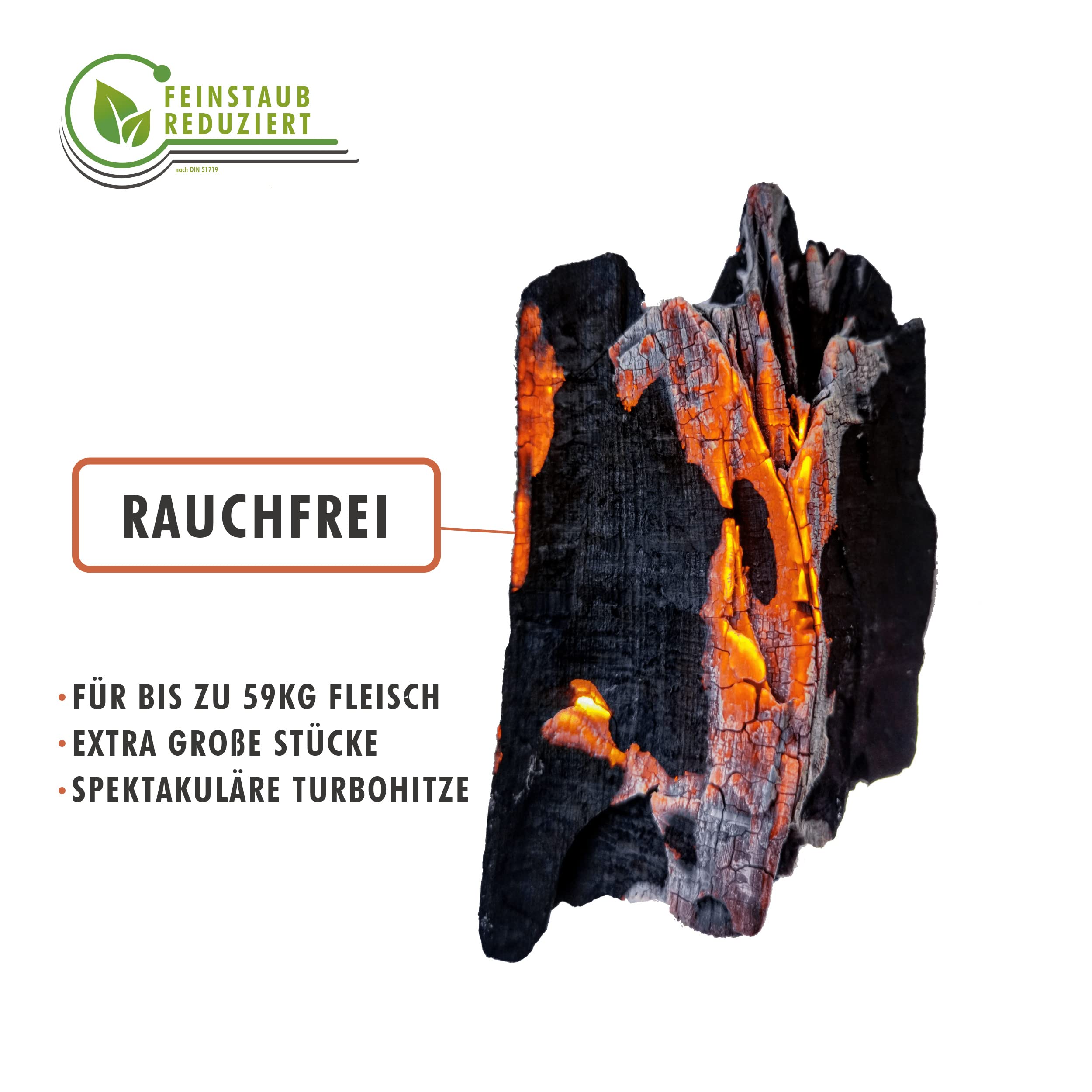 Woody 10kg, Rauchfreie Holzkohle, Feinstaub reduziert nach PM10 & PM2,5! Hochdosierte Holzkohle für wundersame Grillergebnisse und geschmackliche Überlegenheit. Kamado Plus!