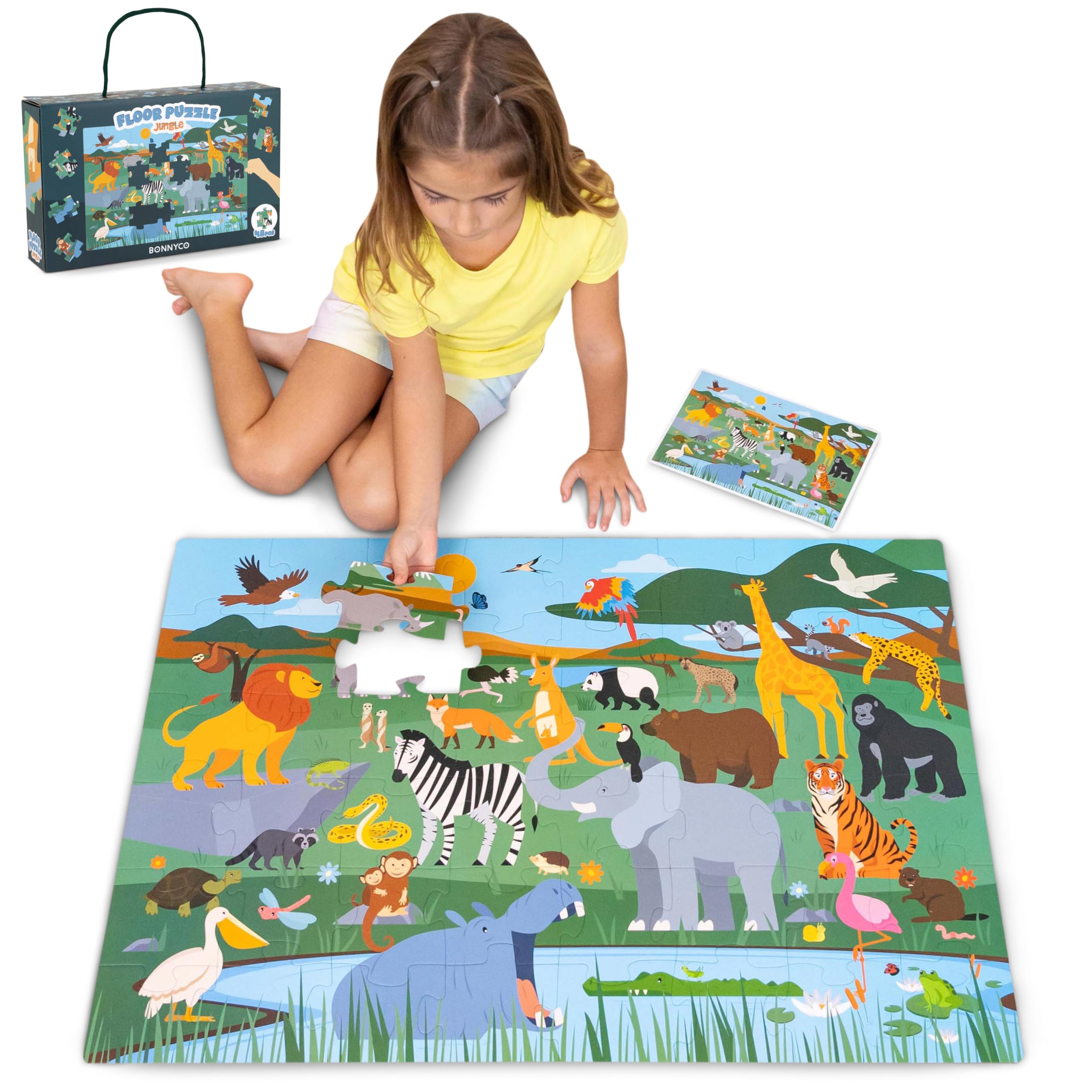 BONNYCO Giant Floor Puzzle of Jungle Animals with 48 Large Pieces. Safari Jigsaw Puzzles for Kids 36.2 x 24.4 in, Gifts for Boys and Girls, Educational Toys Ages 2-8