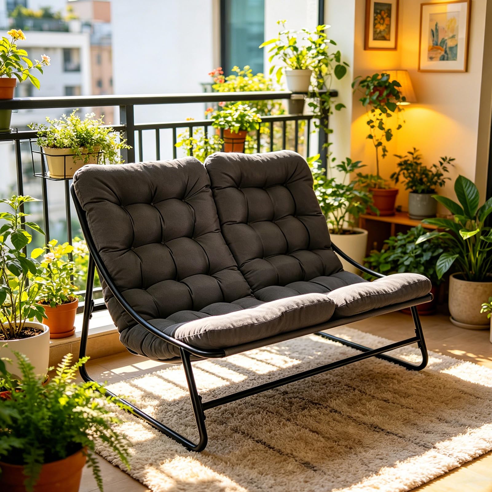 Gartenliege 2 Personen Metall, Doppelliege Outdoor 2 Personen mit Dicker Abnehmbares Gepolsterter, Belastbarkeit bis 225kg, Relaxliege für Garten, Wohnzimmer, Terrasse (Schwarz)
