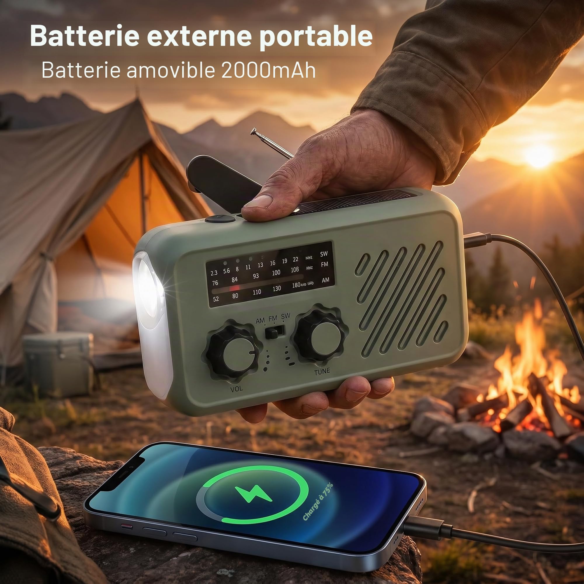 Radio Portable Urgence, Radio de Survie AM/FM Solaire & Dynamo, Powerbank 2000mAh, Lampe LED Torche + Lecture, Alarme SOS - 4 Modes de Charge, Idéale Camping, Panne de Courant, Voiture
