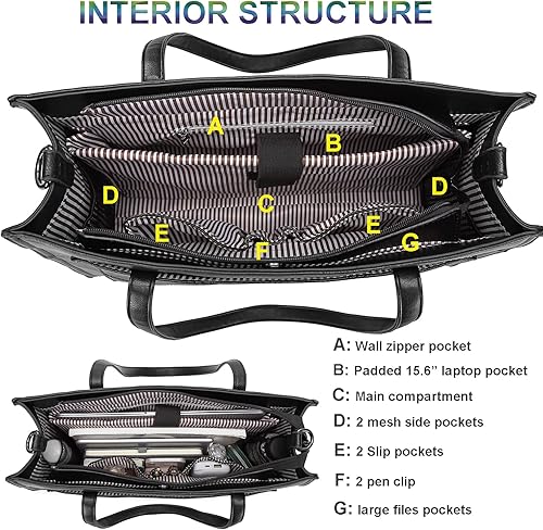 Miniatura 4 de Bolsas de trabajo para mujer, bolso negro para laptop con compartimento, maletín profesional de cuero para oficina de negocios