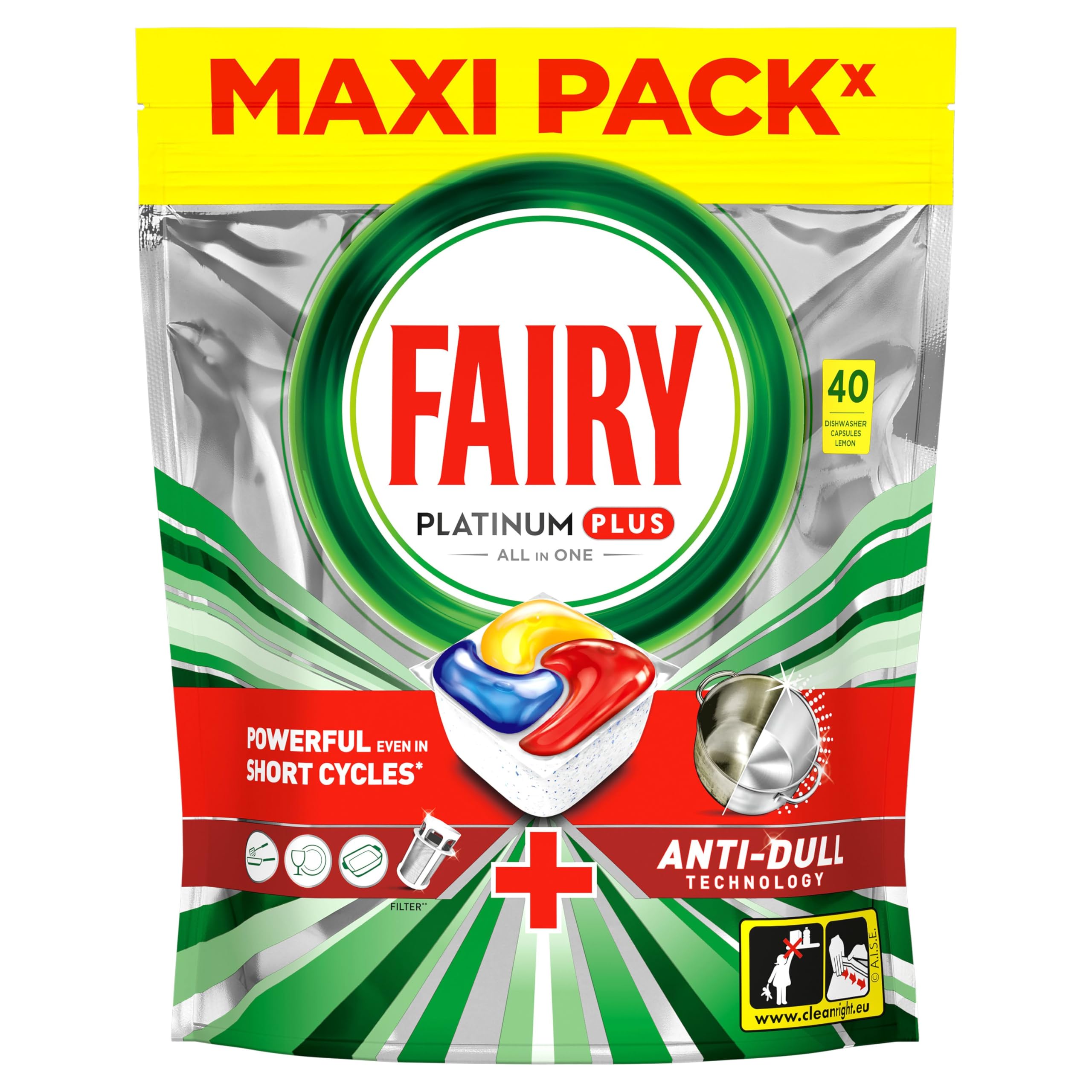 Fairy Platinum Plus Cytryna Tabletki do zmywarki All in One, 40 szt. | Najlepsze czyszczenie, aby naczynia były lśniąco czyste, nadają połysk i zapobiegają powstawaniu kamienia