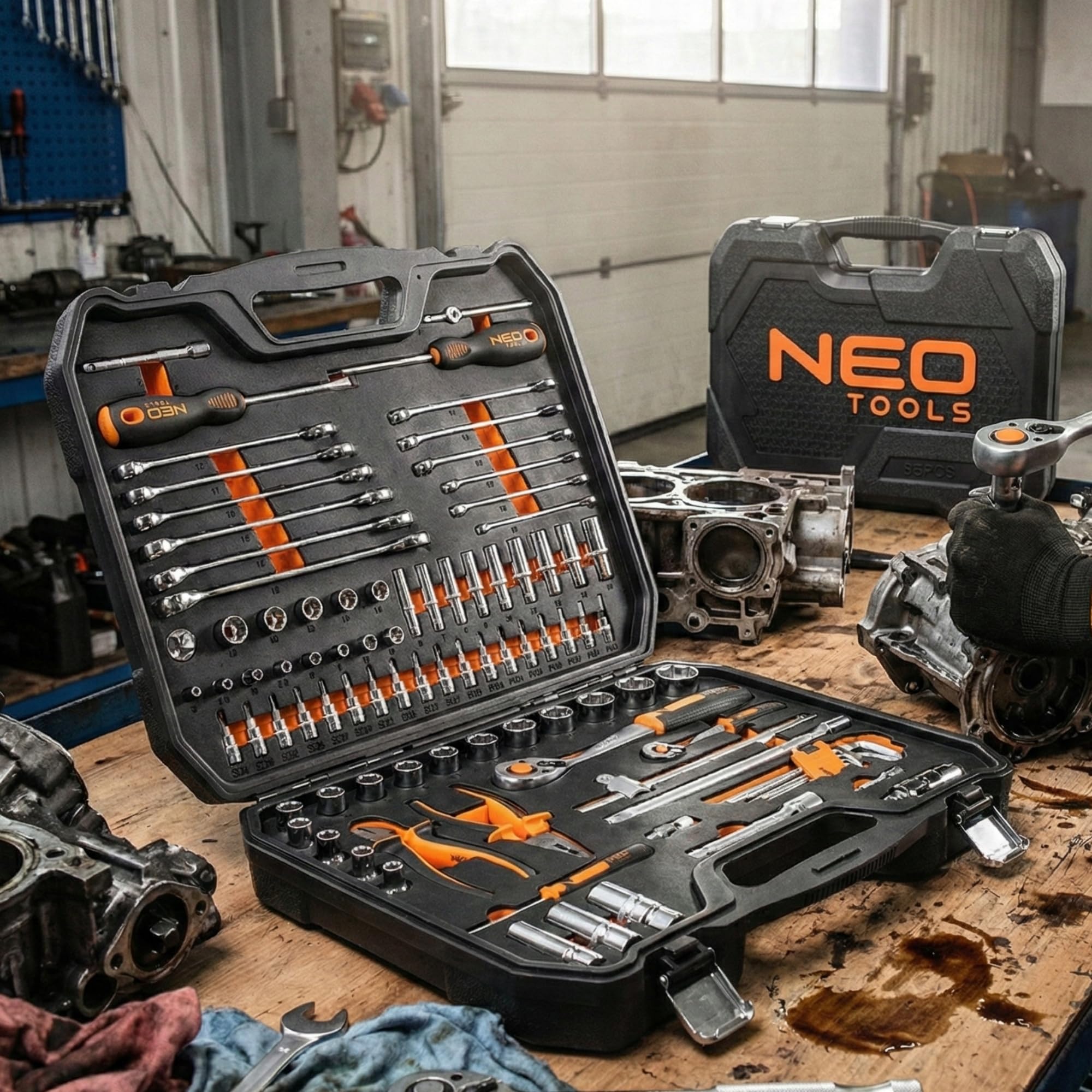 NEO TOOLS Valise à outils 95 pièces – Coffret de douilles professionnel avec cliquets 90T, jeu de clés mixtes, insert en mousse EVA, coffret de cliquets pour automobile et atelier, kit complet
