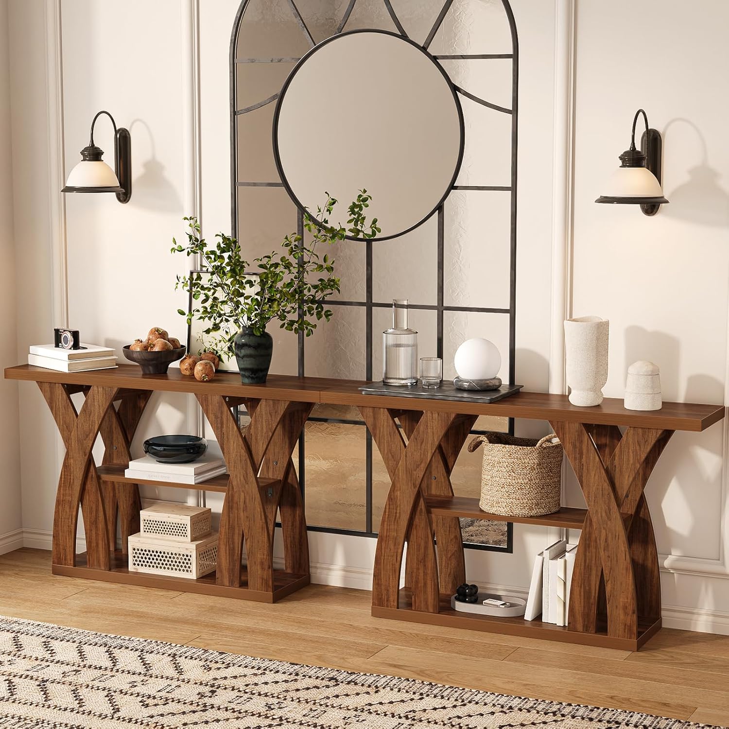 Console Tables, 55-Inches Walnut Console Table with Storage 3-Tier Farmhouse Narrow Entryway Table for Living Room, Hallway, Foyer(Brown)