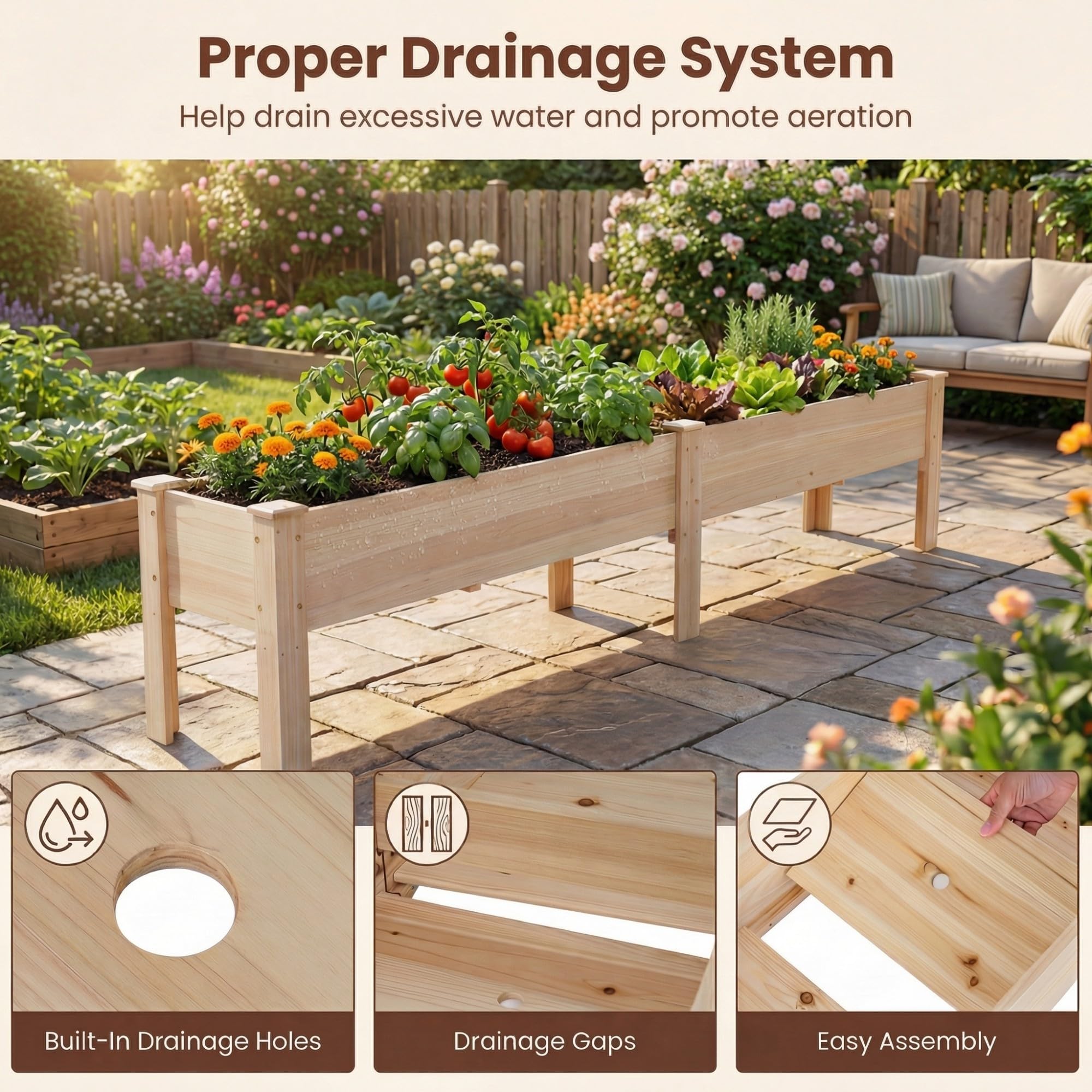 HOMASIS Jardinière Surélevée avec Étagère, Bac à Plantes en Bois de Sapin avec Trou de Drainage, Parterre de Fleurs Surélevé pour Jardin, Balcon, Terrasse (Naturel, 240 x 43,5 x 51,5 cm)