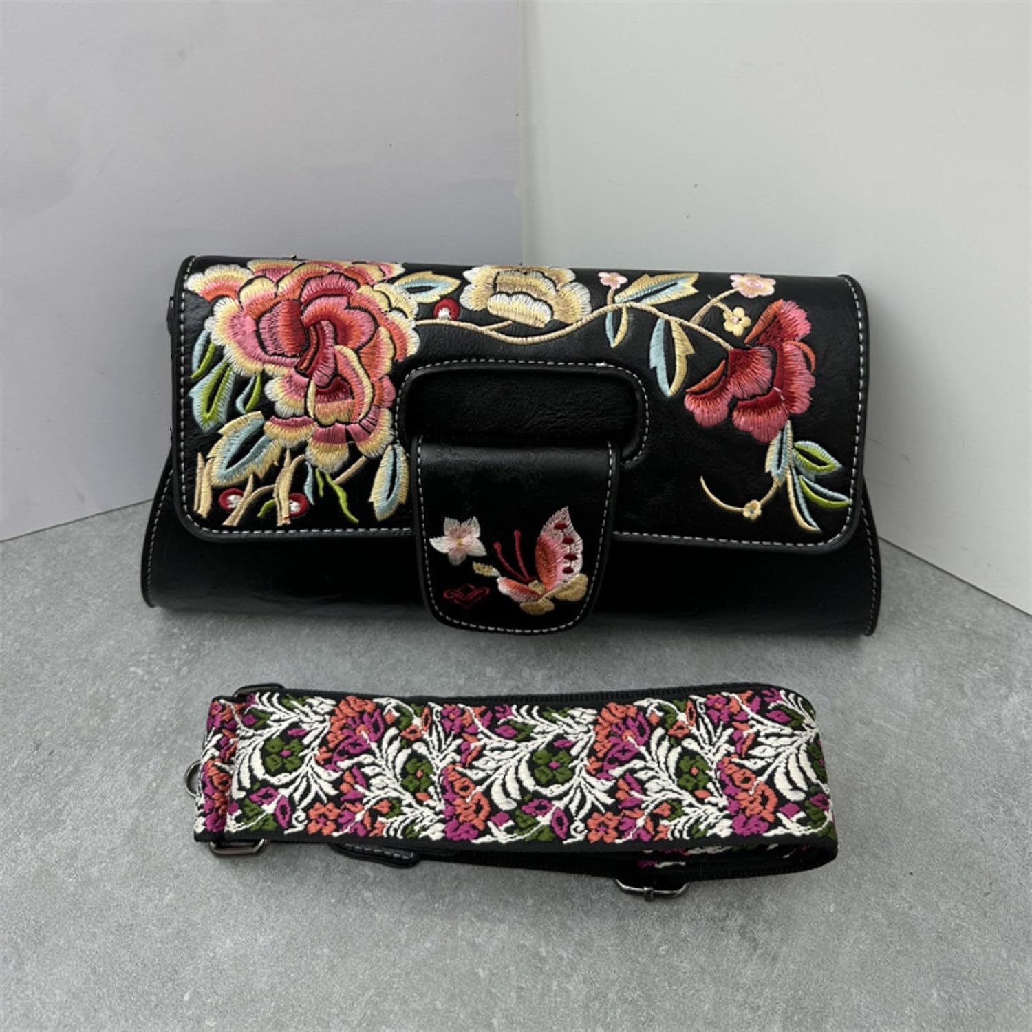 IAMUHI Women Vintage Embroidered Evening Purse Faux Leather Flap Clutch Bag Small Satchel Purse Handbags Shoulder Bag