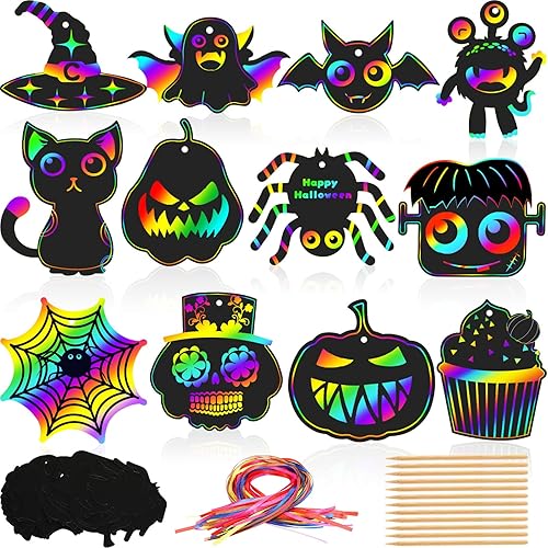 FEBSNOW Manualidades de Halloween para niños, tarjetas de papel mágico de arco iris para arañar, adornos colgantes de árbol de Halloween, regalos de