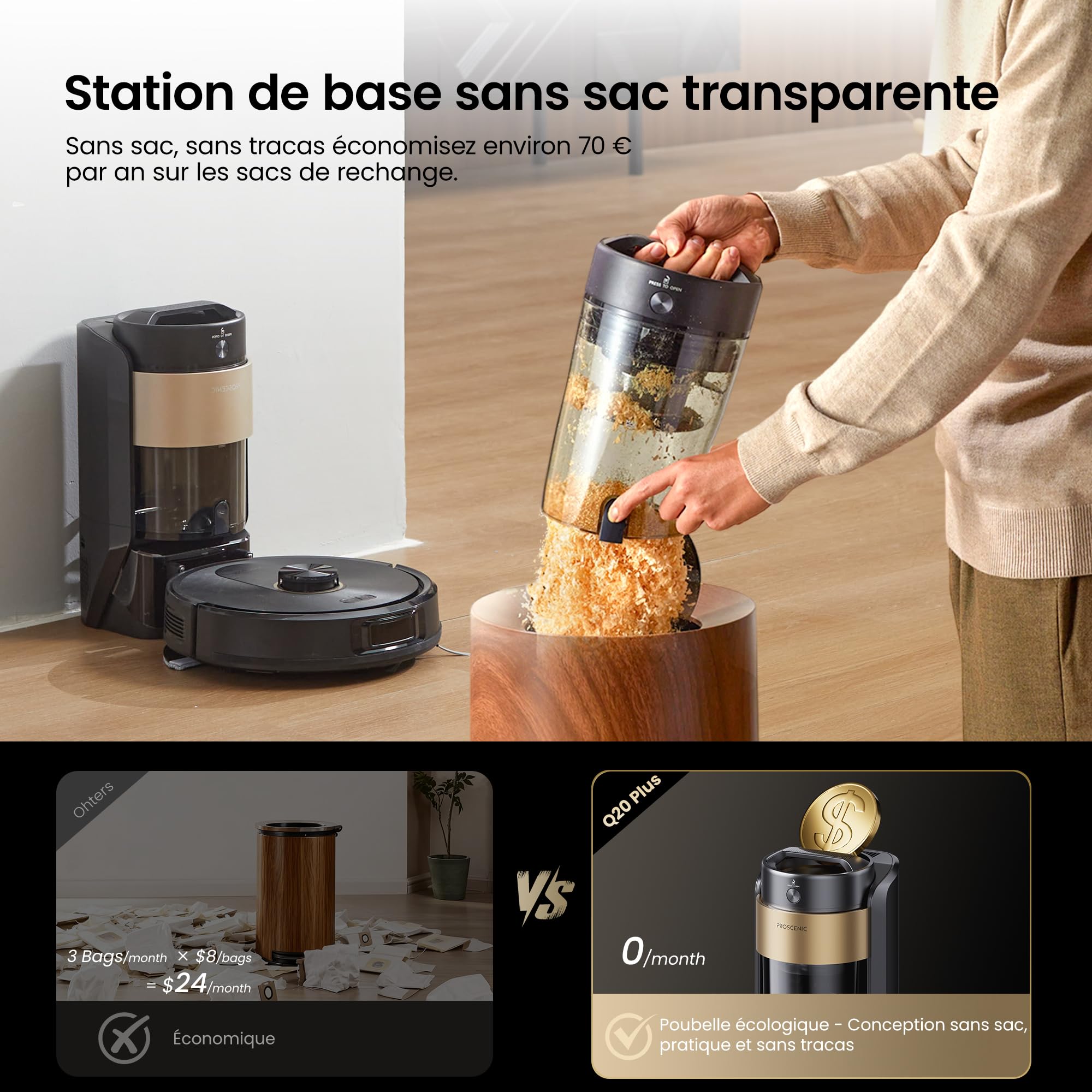 Proscenic Q20 Plus Robot Aspirateur Laveur 10000Pa avec Station Sans Sac Vidage Automatique,200Min Aspirateur Robot et Serpillière,Nav Lidar Cartographie,Évitement d'obstacles,Pour Poils Animaux Tapis