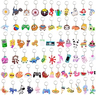 Lecinc 70Pcs Video Game Party Favors Video Game Keychains for Kids Birthday School Party Dinosaur Donut Marine Animal Mermaid Rainbow Bulk Keychains for Birthday Party Supplies