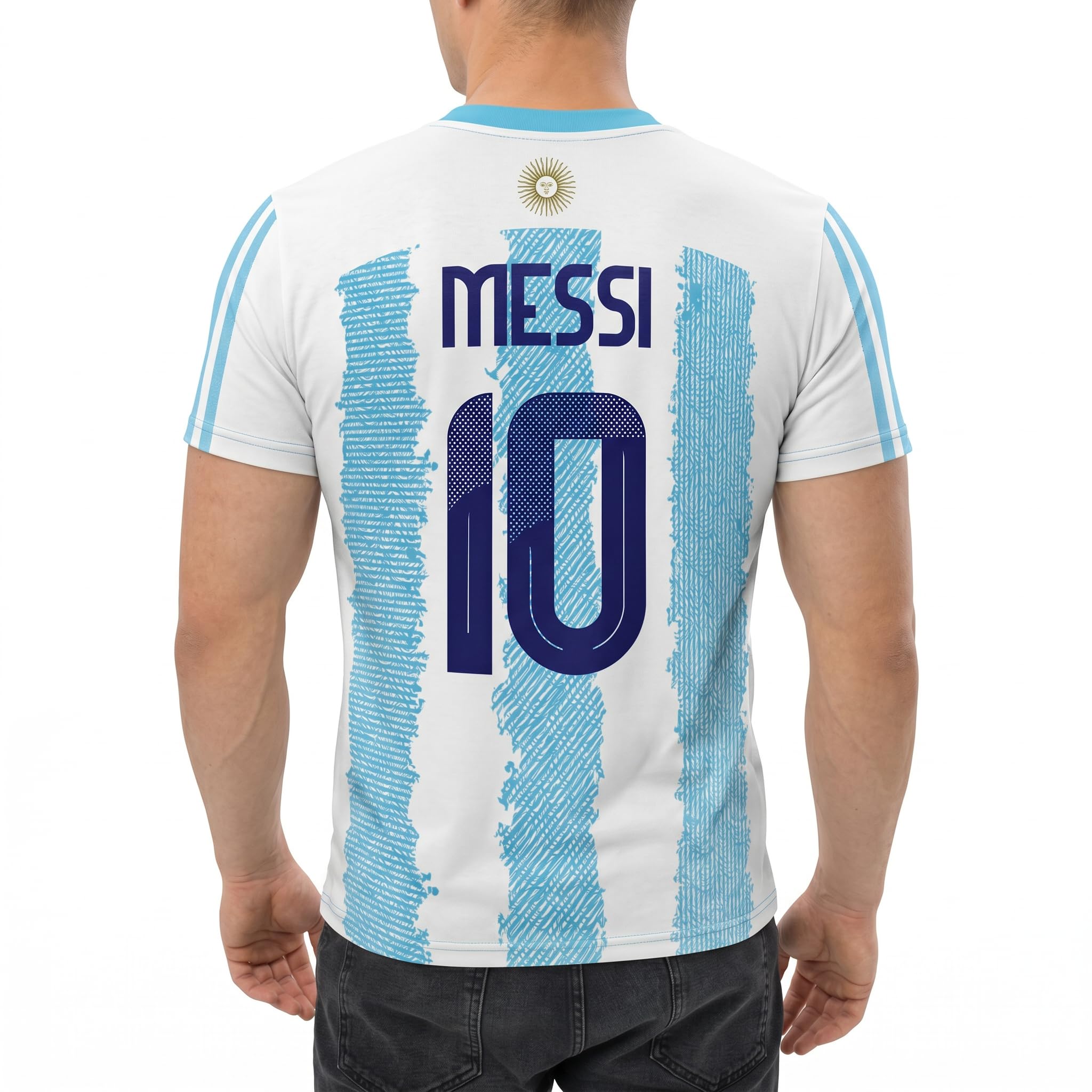 Lionel Messi & Argentina. Camiseta Deportiva, de fútbol. Estilo Deportivo. Unisex. 100% Interlock. Diseño de fantasía. Somos Sportivo Maglietta. CAM0092.