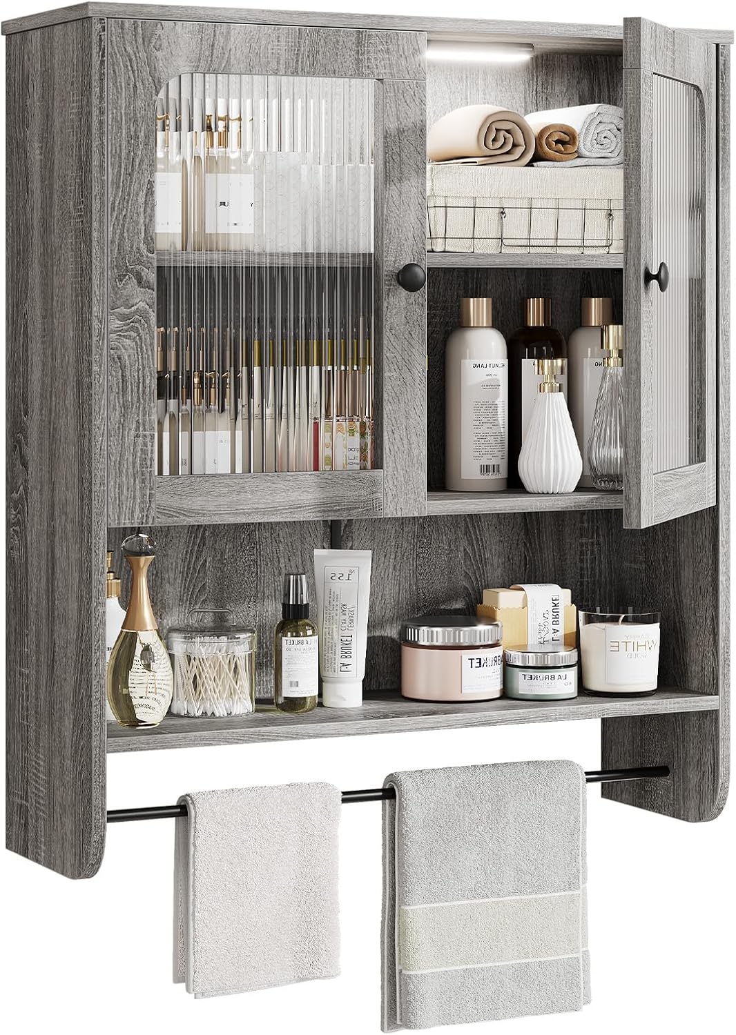 Fluted Bathroom Cabinet Wall Mounted with Towel Bar, Hanging Medicine Cabinet Organizer for Bathroom Storage w/ Motion Sensor LED Light, Grey Over Toilet Storage Cabinet w/ 2 Door, Adjustable Shelf