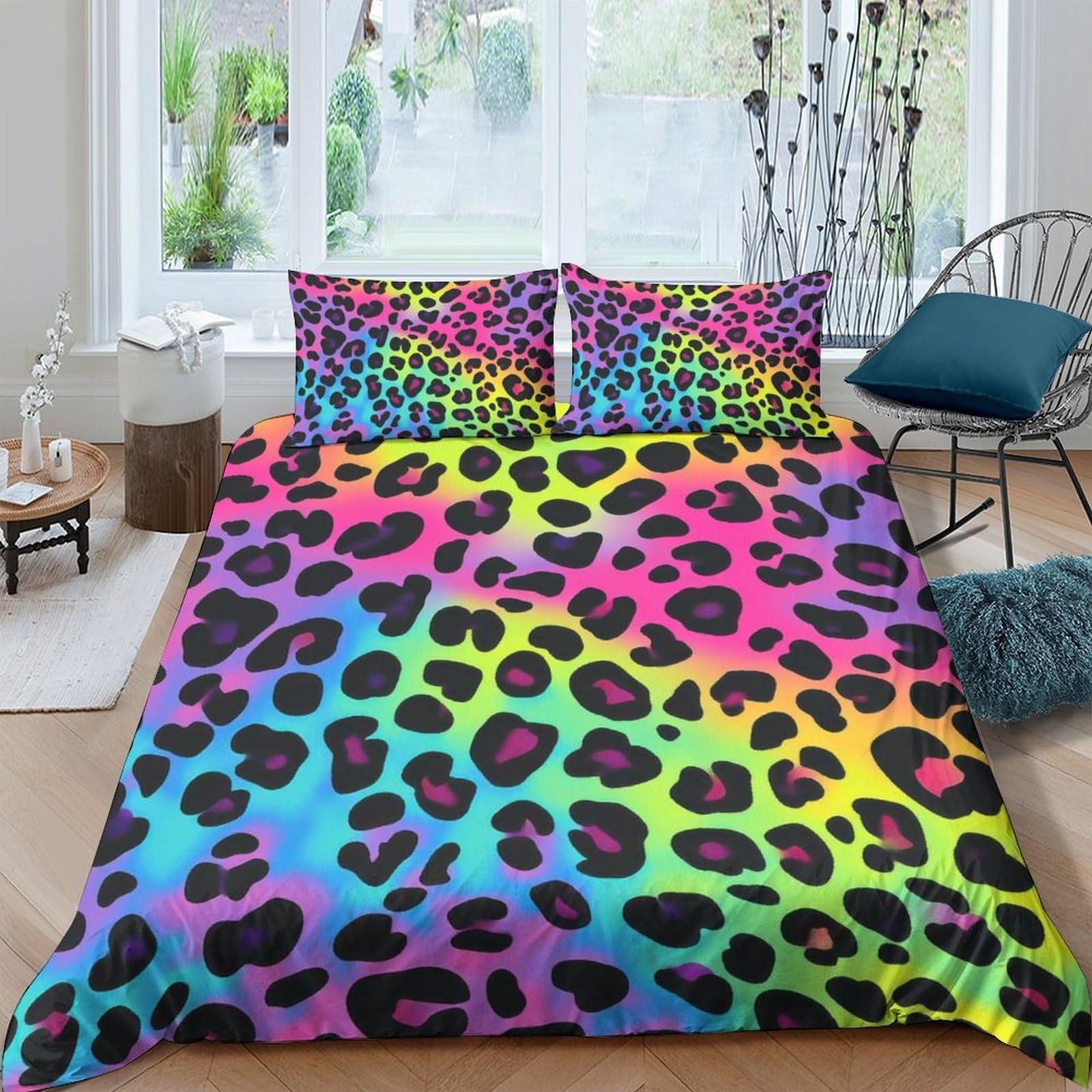 TUFRTGYHN 3D Printed Rainbow Leopard Duvet Cover Microfiber Soft Breathable Multicolor Animal Bedding Set with 2 Pillowcases for Bedroom Decor Single（135x200cm）