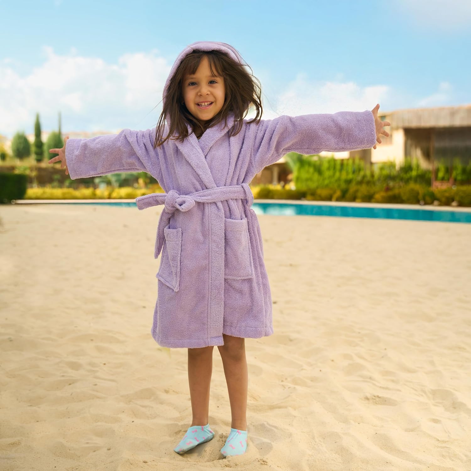 BAGNO MILANO Kids Organic Turkish Cotton Hooded Beach Cover-Up Towel, GOTS Certified, for Boys and Girls (Purple, 5-6 Years) - Image 4