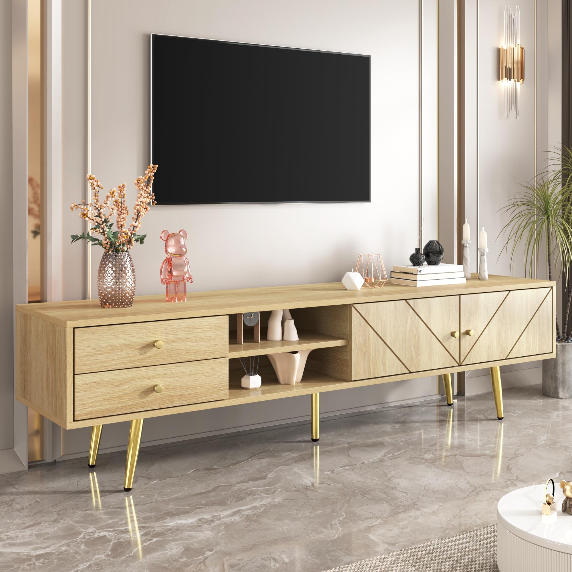 BTM Meuble TV 160 cm avec Pieds dorés - Meuble TV Moderne avec 2 tiroirs et 2 Portes - Durable - Grand Espace de Rangement, Bois - 160x36x42 cm
