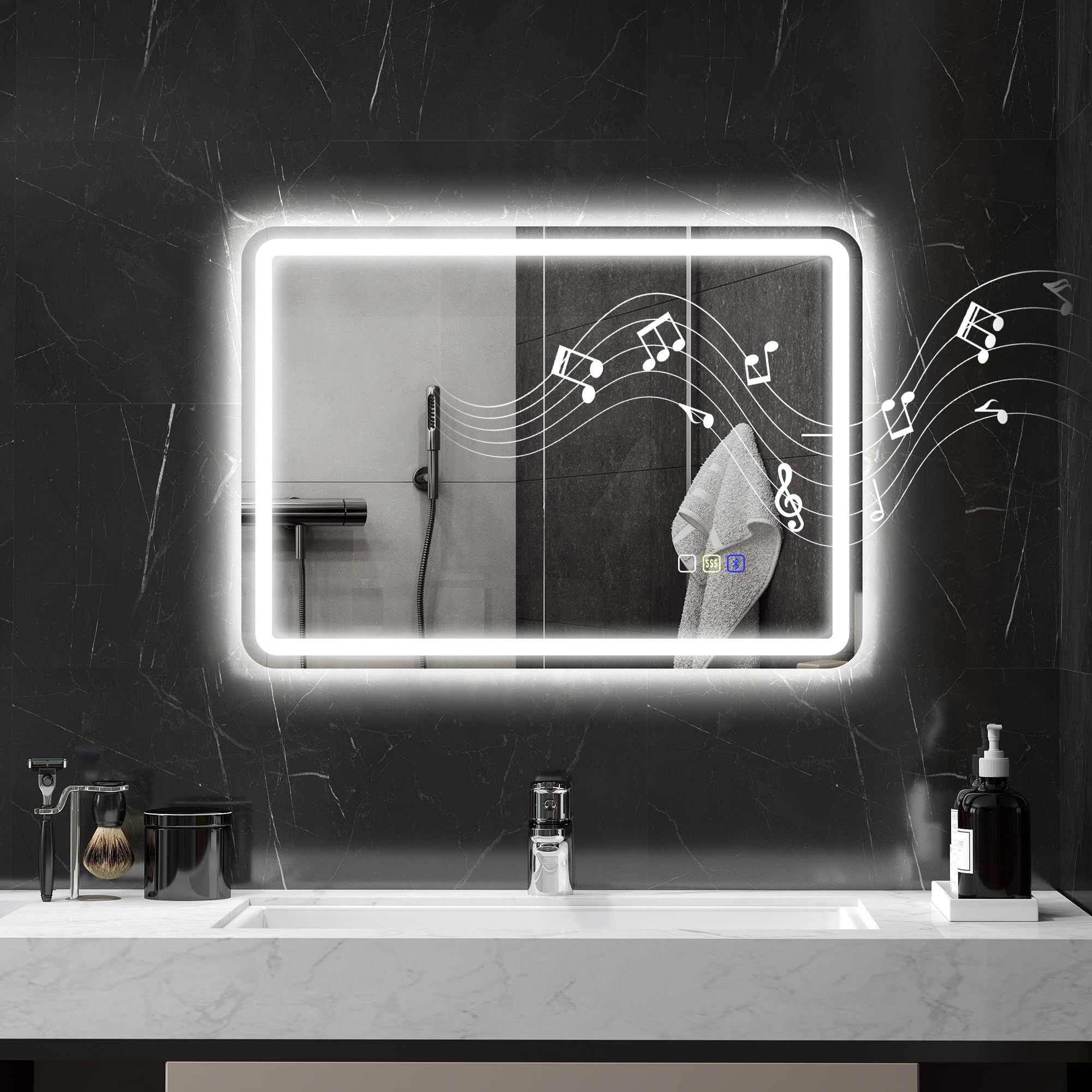 HOMCOM Badspiegel mit Beleuchtung 50x70 cm – LED Wandspiegel mit Bluetooth, Touchsensor, Memory, drei Lichtfarben, Beschlagfrei