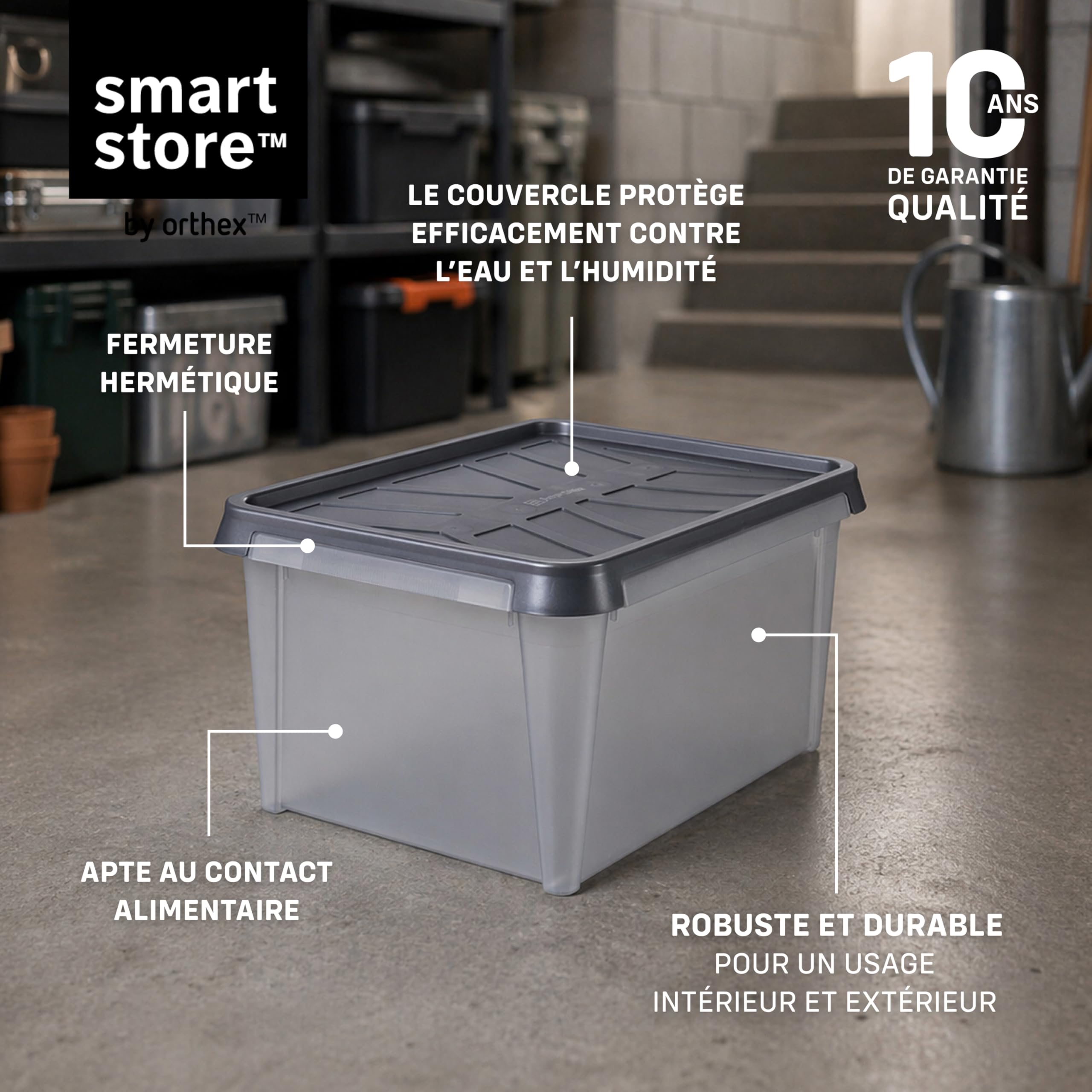 SmartStore Boites de Rangement en Plastique Garage avec Couvercles - Lot de 7 - Transparentes - IP64 - Étanches, Emboîtables et Empilables - Aptes au Contact Alimentaire - L 40 x I 30 x H 20 cm - 13L