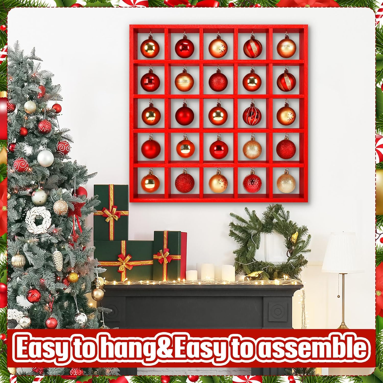 Cinnvoice Christmas Holiday Ornament Displays Rack Wooden Hanging Stand Holder Hanger for Christmas Ball Display Shelf Cabinet for Craft DIY Wall Decorations Gift (Red,25 Compartment)