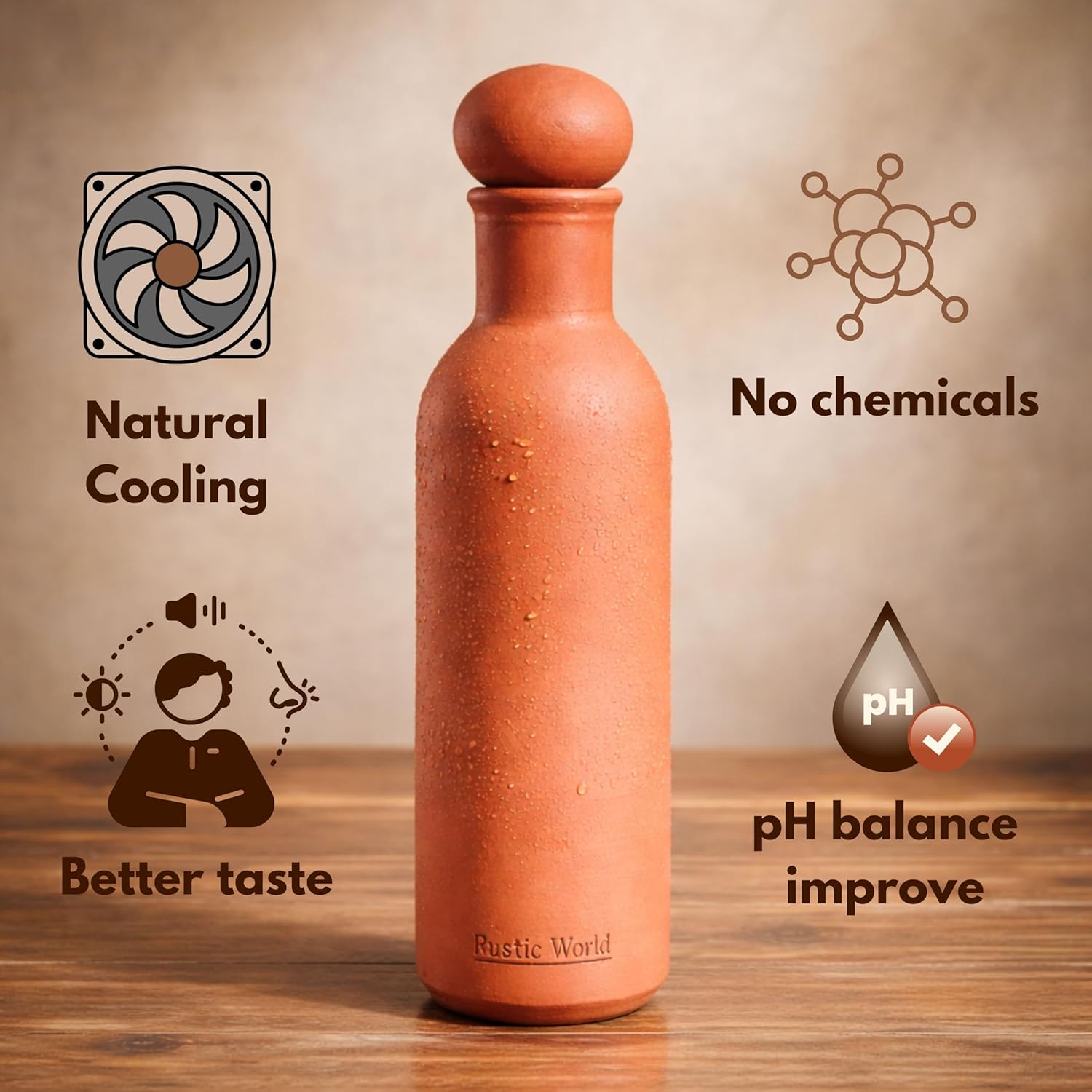 Terracotta Water Bottle 1 Litre | Handmade Mitti Drinking Vessel | Natural Cooling Earthen Pot | Ecofriendly Bio-degradable | Travel Friendly Leak Resistant with Lid | Healthy (Clay Brown)