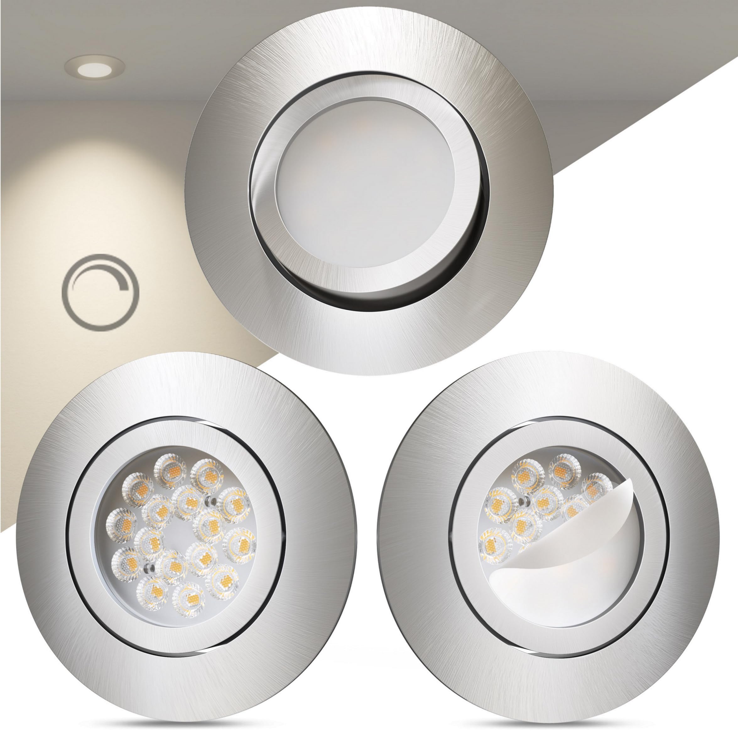 Scandinavian home 3er Set LED Einbaustrahler 230V Dimmbar - LED Spots 230V Warmweiß 3000K, 470 lm, CRI 90+, 68mm Lochmaß - IP44 Badezimmer Geeignet - Deckenspots Aluminium, Schwenkbar