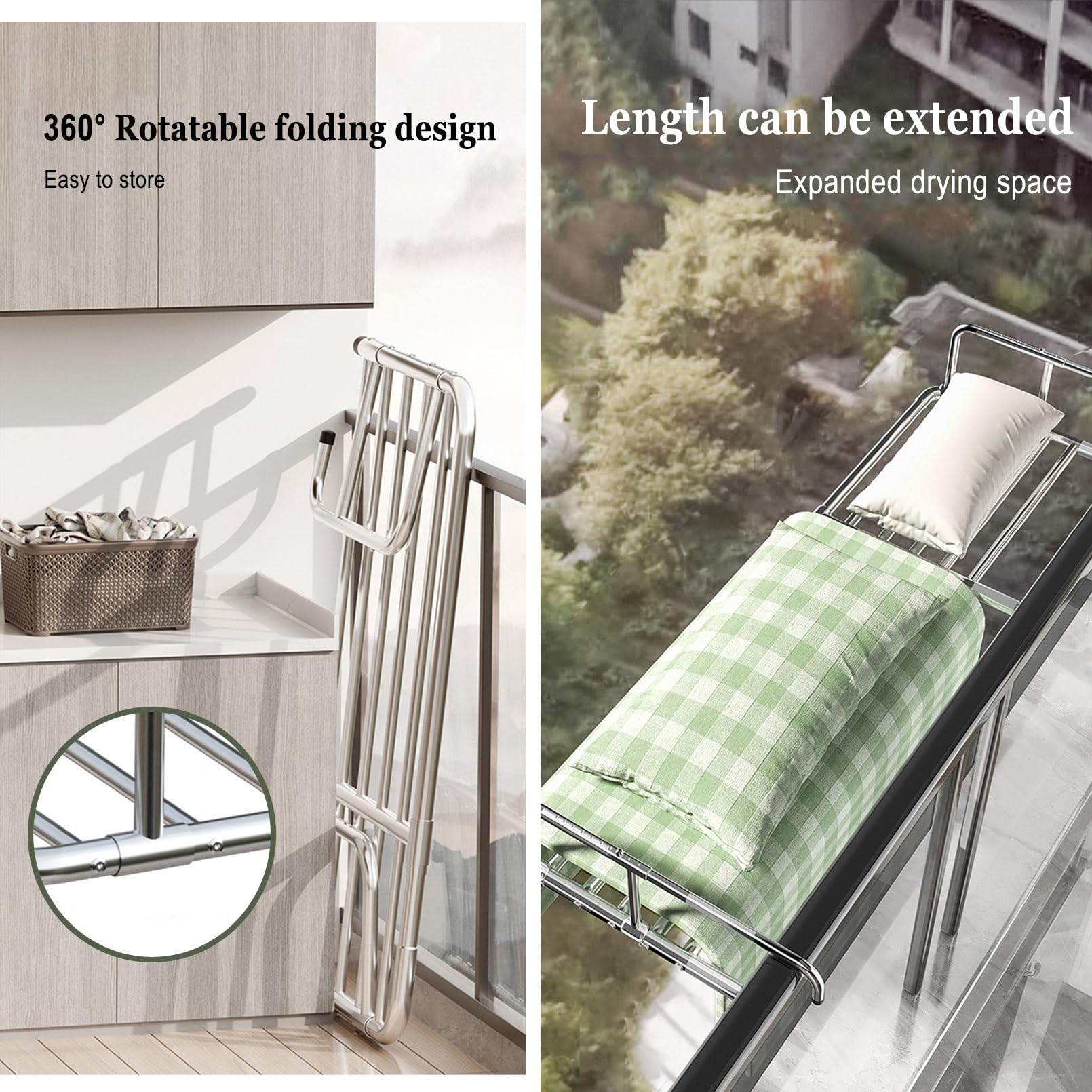 Stendibiancheria da balcone in acciaio inox, estensibile da 160 cm, con 6 aste, per interni ed esterni, pieghevole, per scarpe, scarpe e biancheria intima (78-140 cm)