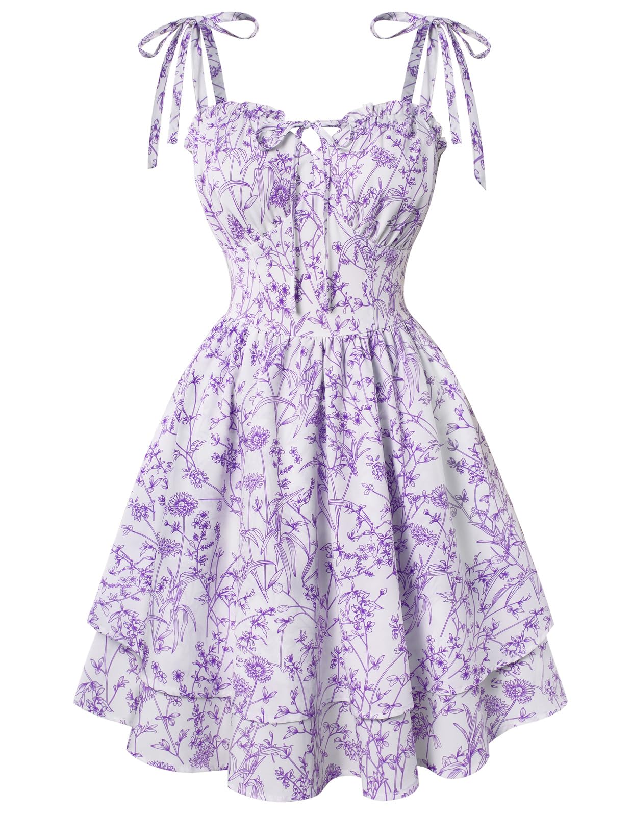 SCARLET DARKNESS Damen Floral Kleid Teens Sommer Verstellbare Krawatte-Schulter Korsett Sundress Tiered Saum Minikleider Weiß-violetter Floral XXL