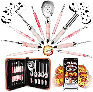 Halloween Pumpkin Carving Kit with Stencils Ebook & Carrying Case, 22 PCs Heavy Duty Stainless Steel Knife Professional Sc...