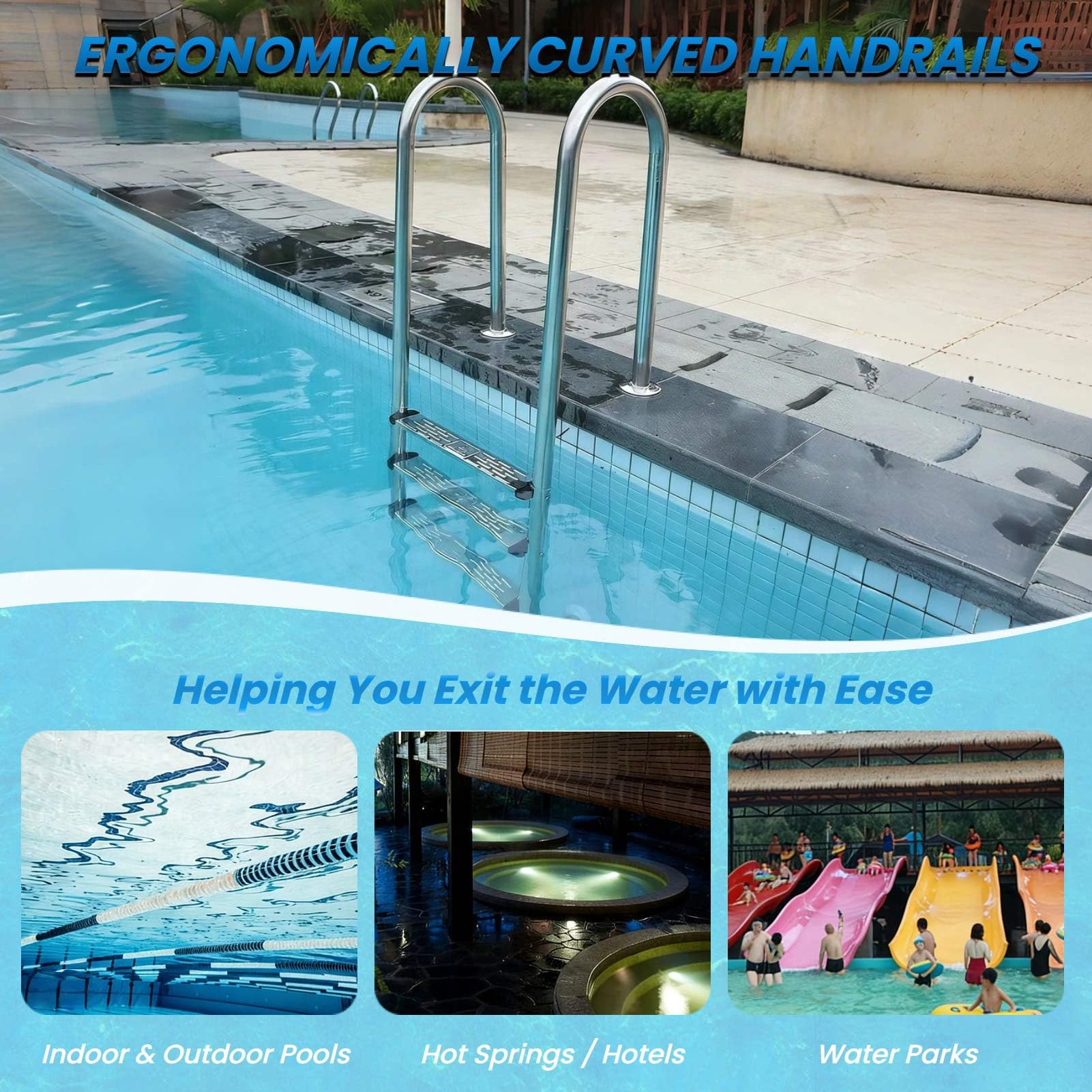 Scaletta per Piscina, 2-4 gradini con Doppio corrimano e gradini in Acciaio Inox, per Piscine interrate, Interne ed Esterne.