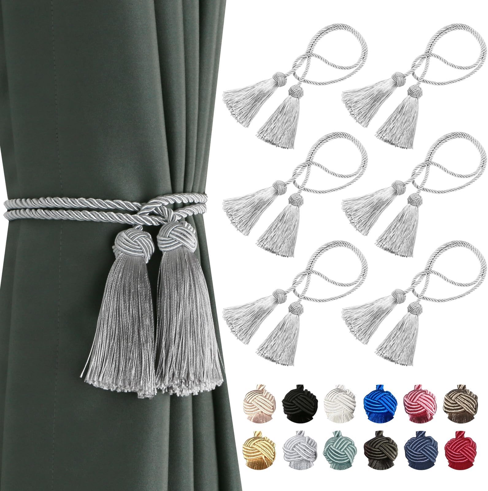 BEL AVENIR 4 Pack Curtain Accessories Handmade Tiebacks Decorative Curtain Holdbacks with Tassel (Silver, 6 Pack)