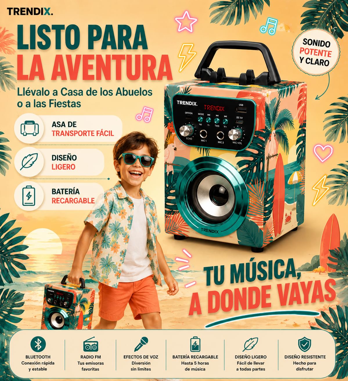 Trendix - Karaoke 2 Microfonos Inalambricos Tropical Vibes | Karaoke Infantil | Altavoz con Microfono | Altavoz Bluetooth con Microfono Y Radio FM | Regalo Comunion Niño | Regalo Niña