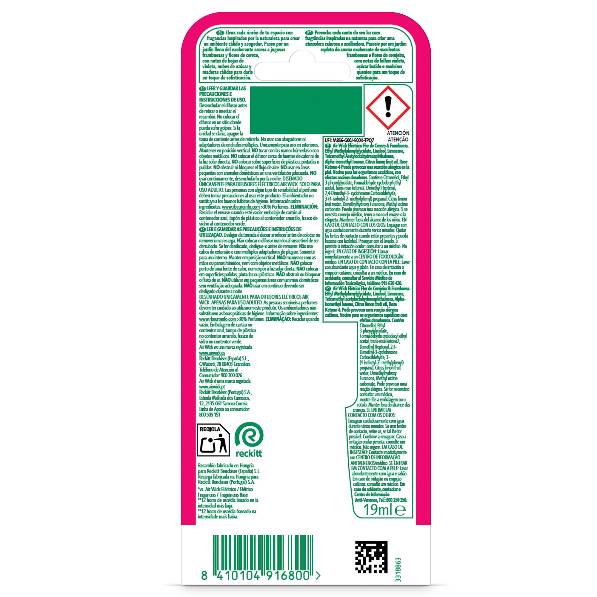 Air Wick Recambio para Ambientador Eléctrico con aroma a Flor de cerezo y Frambuesa, infusionado con 2 veces más aceites esenciales