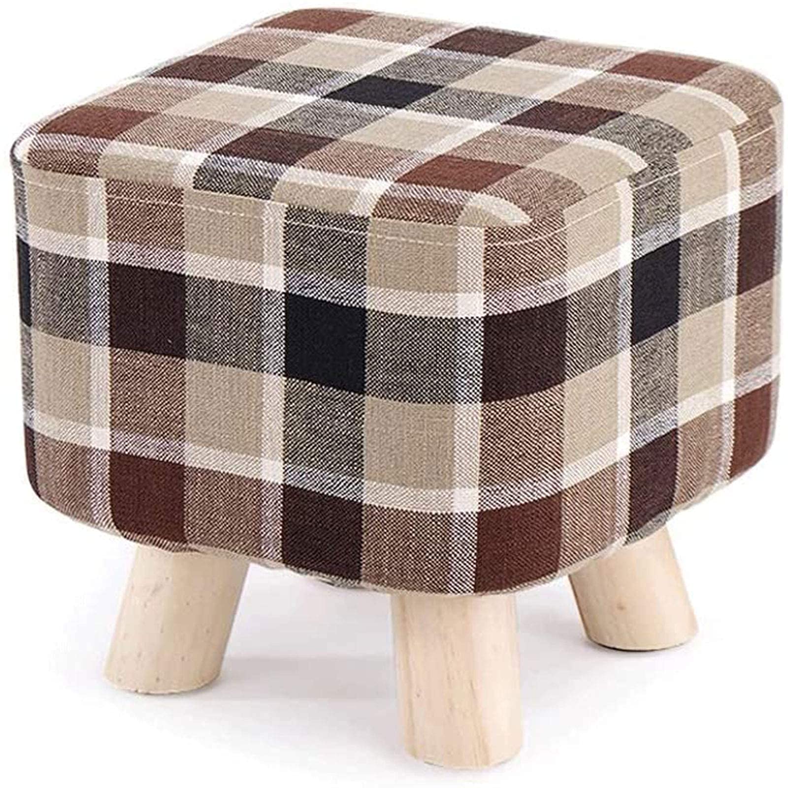 Taburete cuadrado pequeño CHEWYNP, reposapiés de madera y sofá con tapizado de tela suave