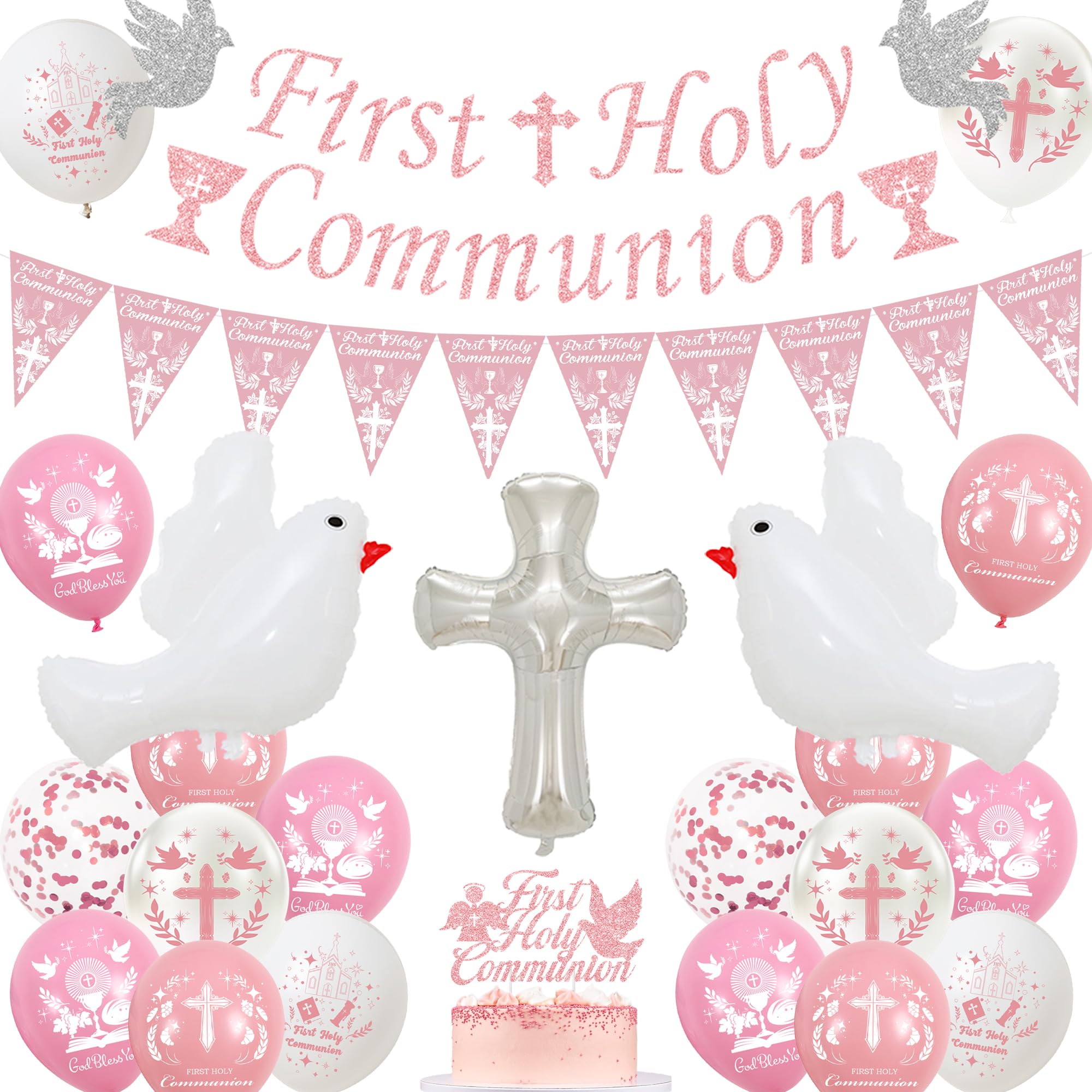 First Holy Communion Decorations Pink - God Bless Balloons Communion Banner Cake Topper, Dove and Cross Foil Balloons for Girls Party Supplies
