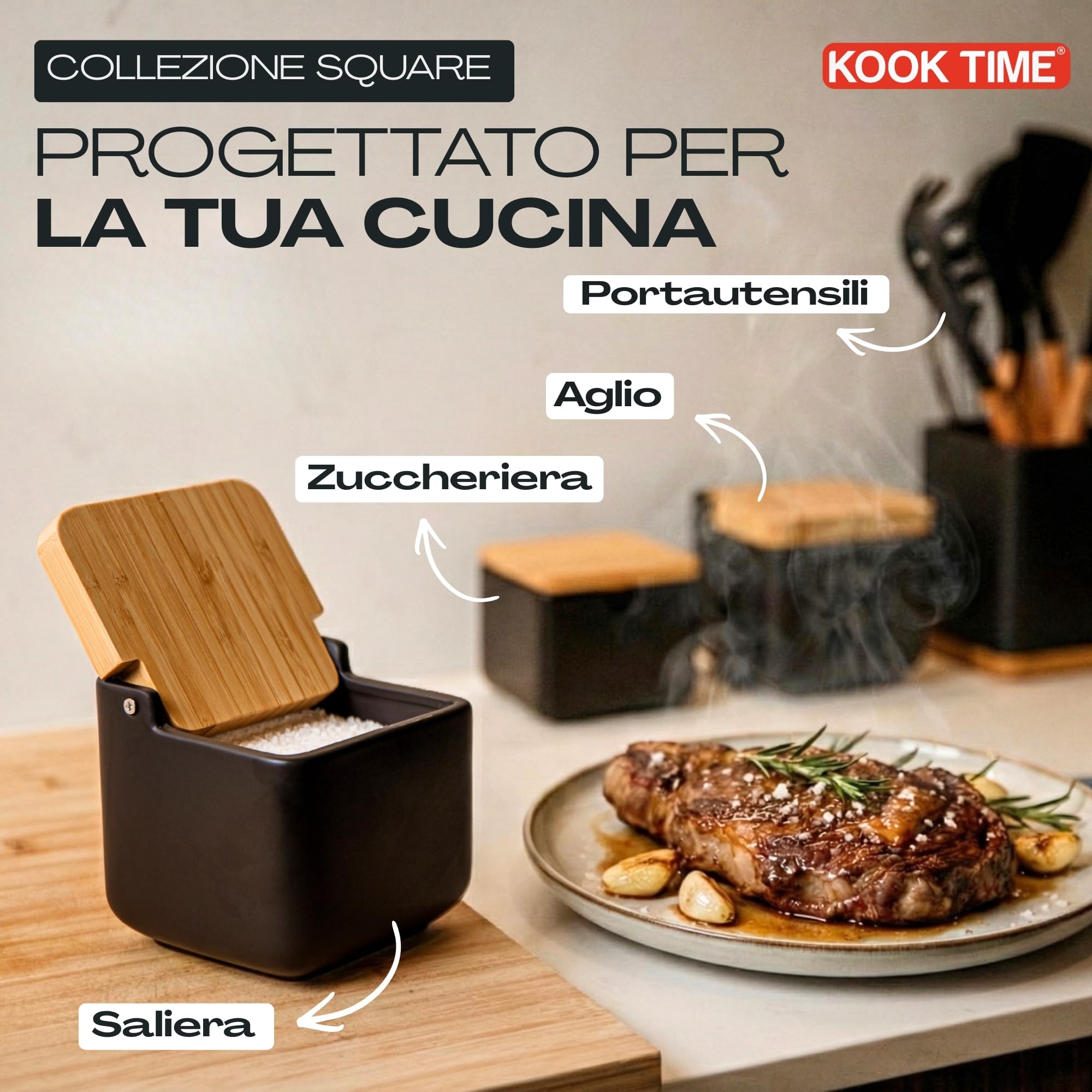 Porta sale grosso e fino, Barattoli sale per cucina o tavolo in ceramica con coperchio girevole in bambù ecologico, Barattolo sale grosso e fino, Dimensioni 11,2 x 11,2 x 11,2 cm. Nero