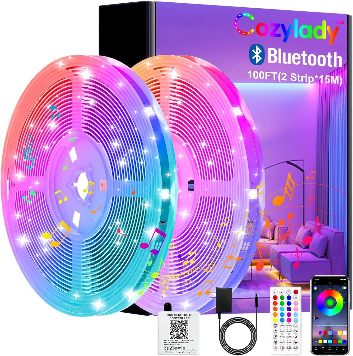 Cozylady LED Light Strip 30m Cozylady Smart Bluetooth LED Light RGB Music Sync Rope Light Controlled by APP and Remote,LED Strip for Bedroom, Kitchen and Home Decor