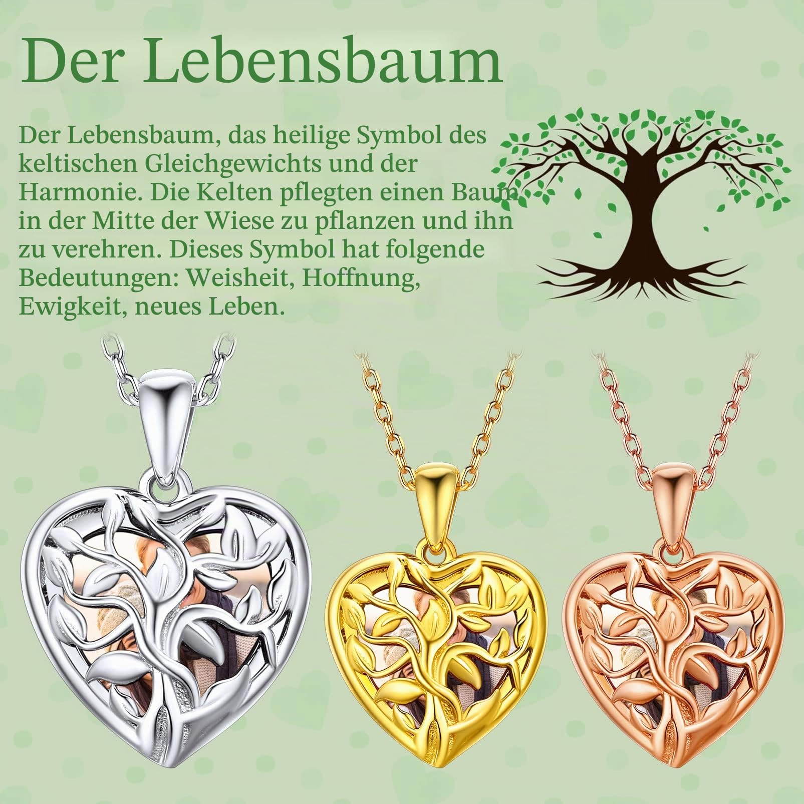 Silvora Individueller Foto Anhänger Halskette Bild Anhänger zum Öffnen mit Medallion aus S925 Silber in Herzform/Herzförmiger Lebensbaum/Keltischer Knoten in Weißgold/Gold/Rosegold mit 41/46/56cm+5cm Kette