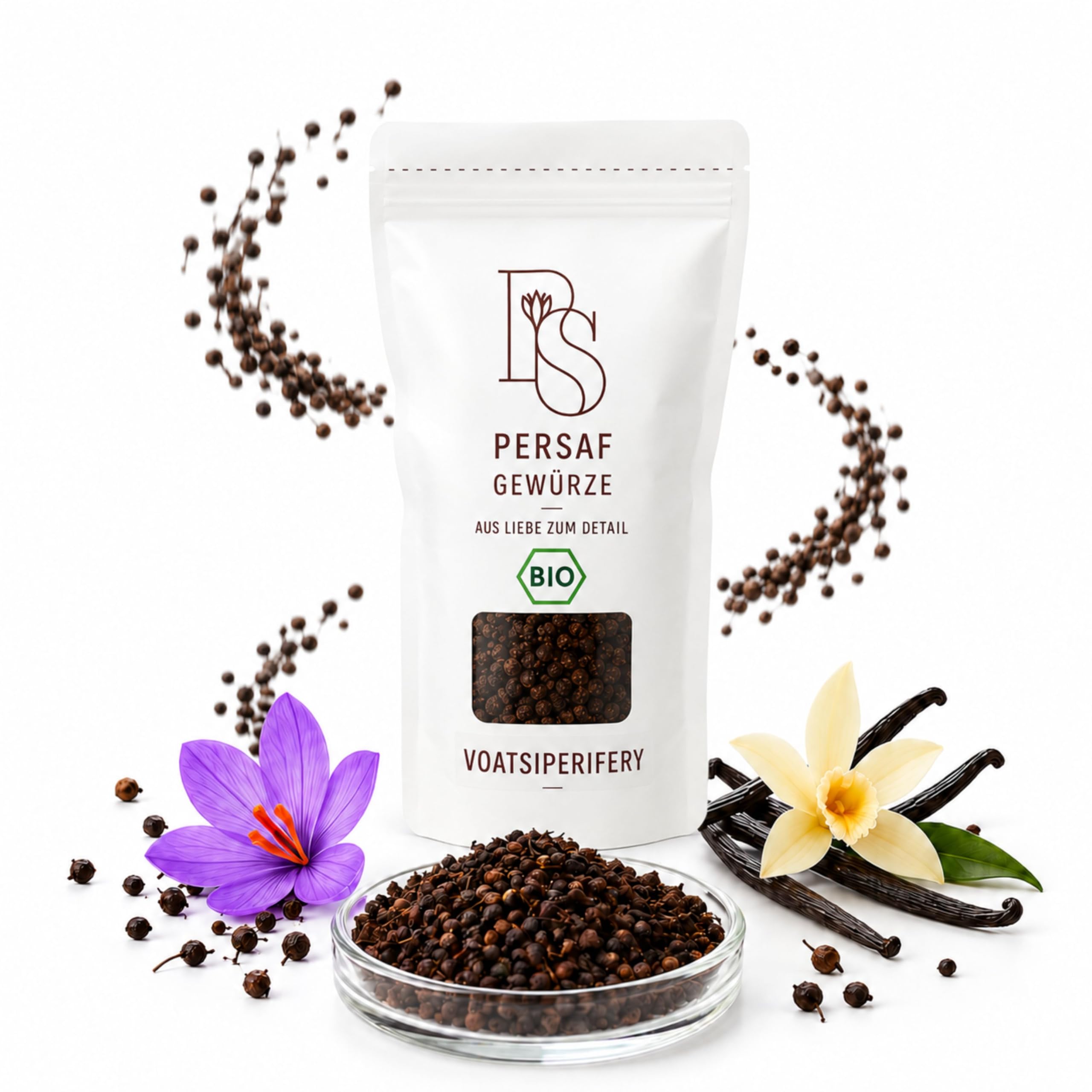 PerSaf BIO Voatsiperifery Wildpfeffer 1 kg - endemischer Urwaldpfeffer aus Madagaskar - ganzer Pfeffer in Gourmet Qualität - inkl. Vanilleschote - DE-ÖKO-006