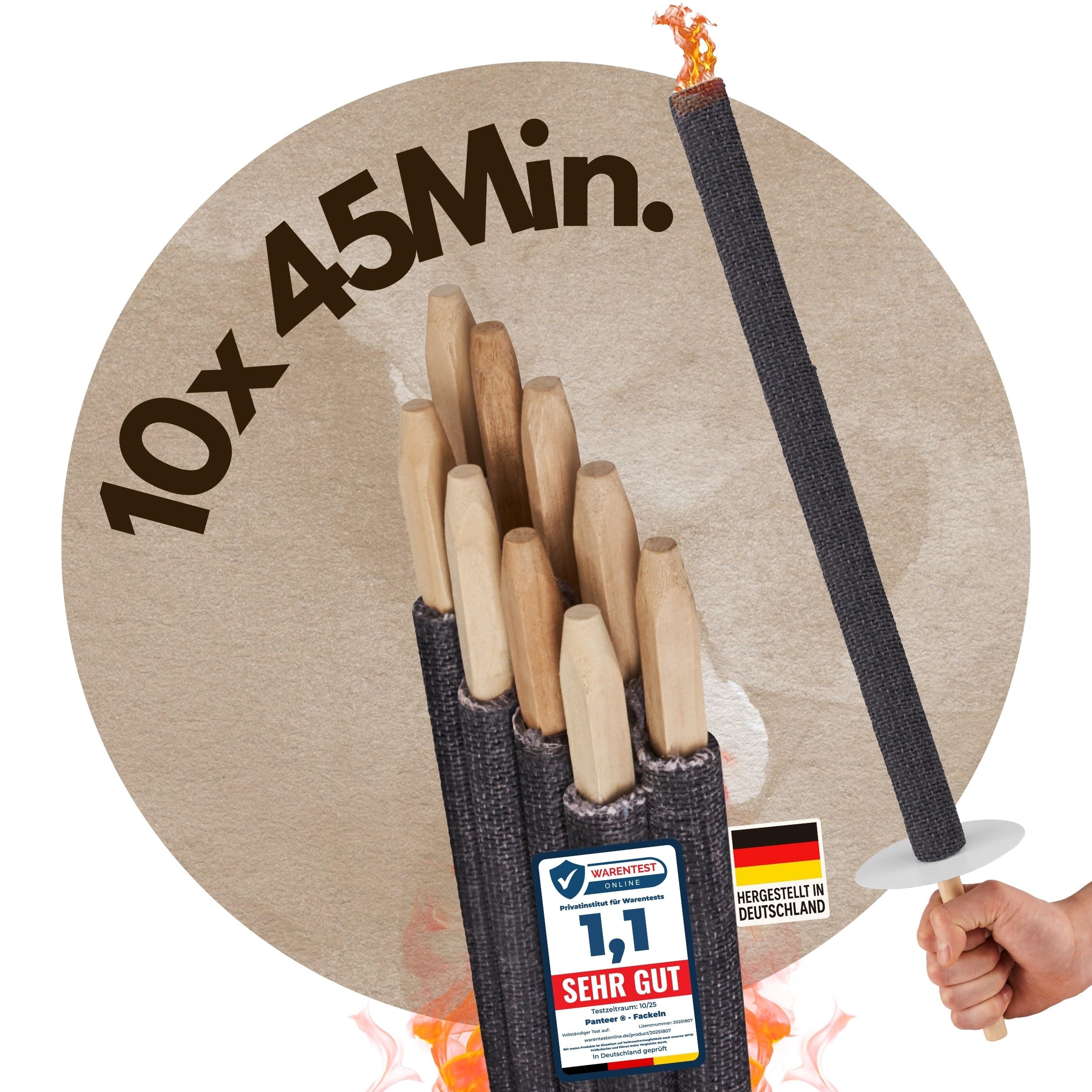Panteer ® Fackeln für draußen - 10 Stück 45 Min. Brenndauer - Made in Germany - Für eine Wanderung mit Kindern oder Freunden, ideal im Garten oder zu Ostern/Silvester - Mit Handschutz