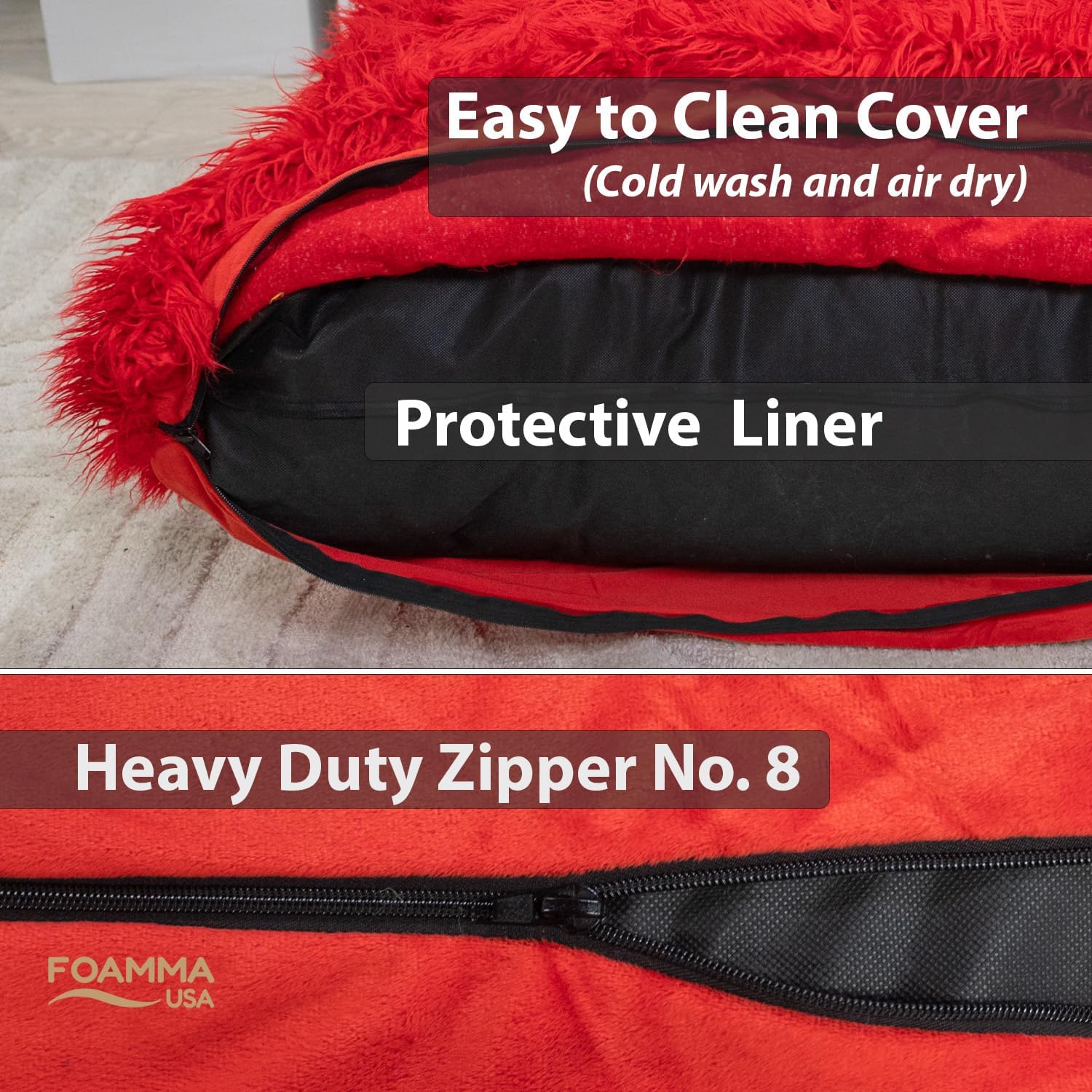 Foamma Crash Pad – (48" x 60”) Red Long Pile Faux Fabric – Sensory Crash Pad with Foam Blocks for Autistic Kids, Soft & Washable Cover – Ideal for Kids & Adults to Jump, Play, or Relax