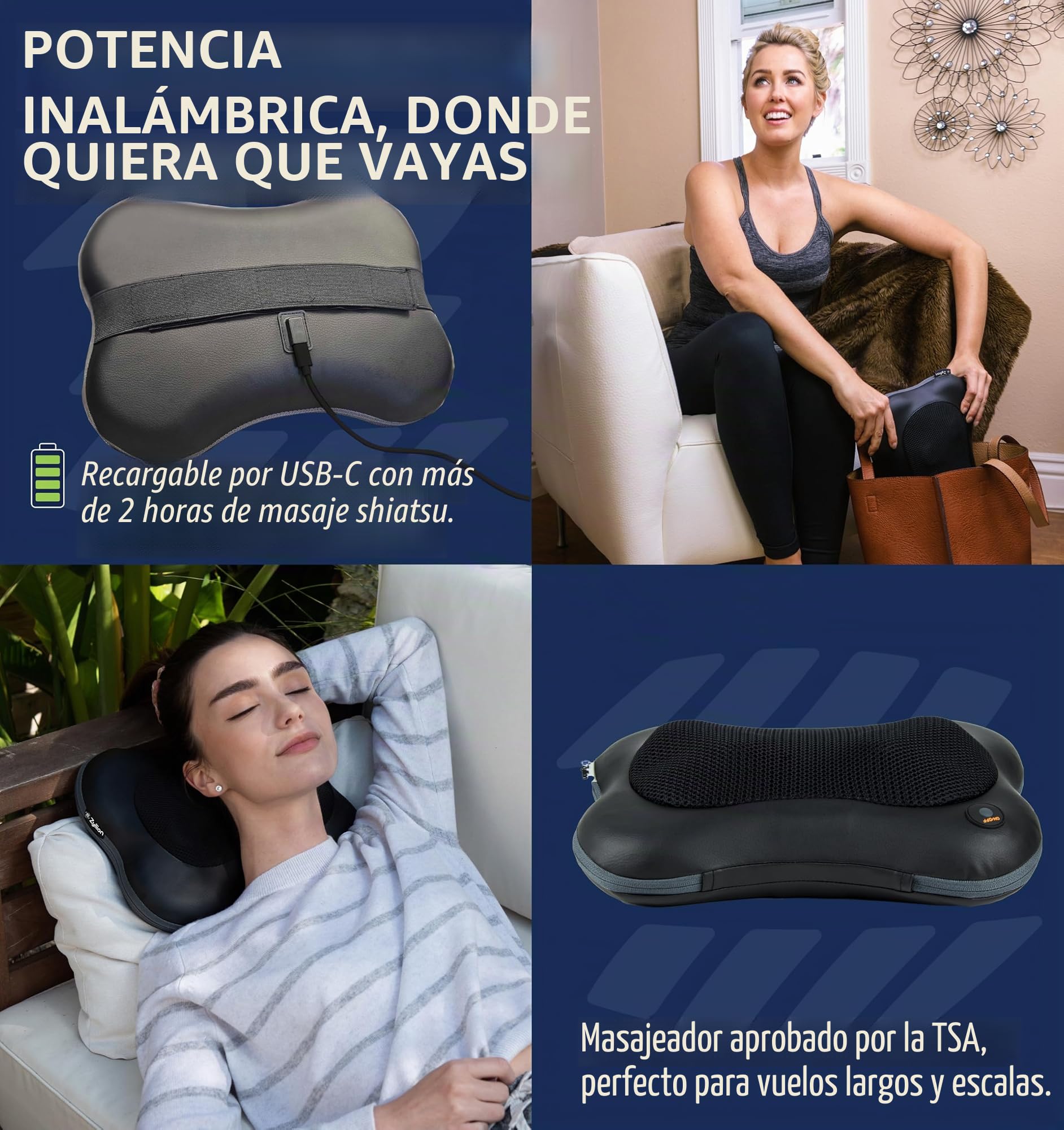 Zyllion Masajeador Shiatsu Espalda y Cuello – Almohada de Masaje Profundo con Calor para Dolor Muscular, Inalámbrico y Recargable – Masajeador Cervical y Espalda 3D, Negro, (ZMA-13RB-BK)