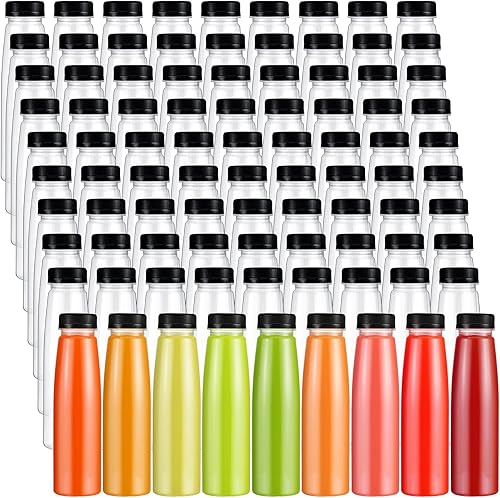 Miniatura 7 de Tanlade 100 botellas de plástico para jugos con tapas, recipientes transparentes reutilizables para bebidas, botellas vacías para jugos caseros,